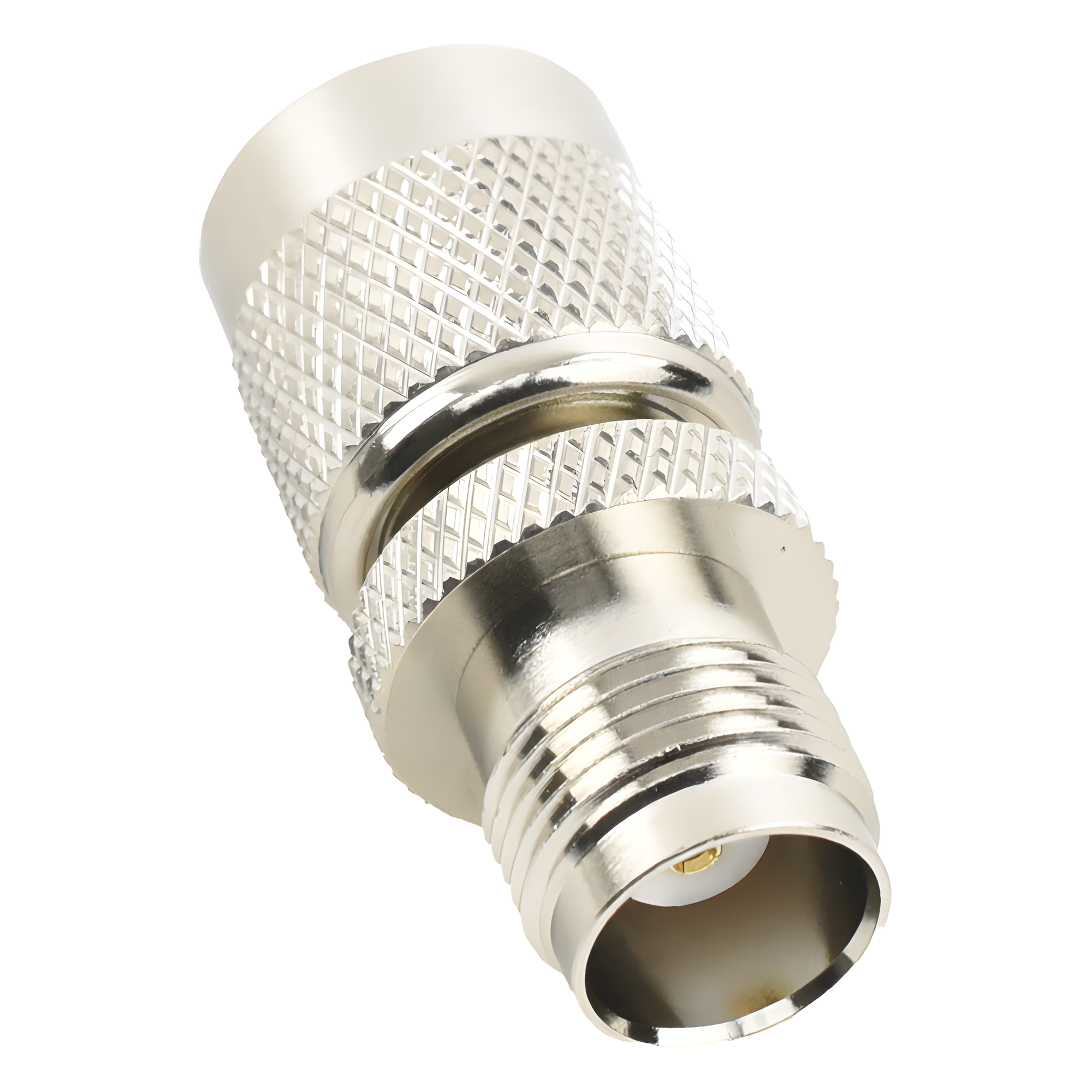 Adaptador RF en Línea / Conector TNC Macho Inverso a TNC Hembra / Cuerpo Bronce Niquelado / Contacto Oro / Aislante Teflón