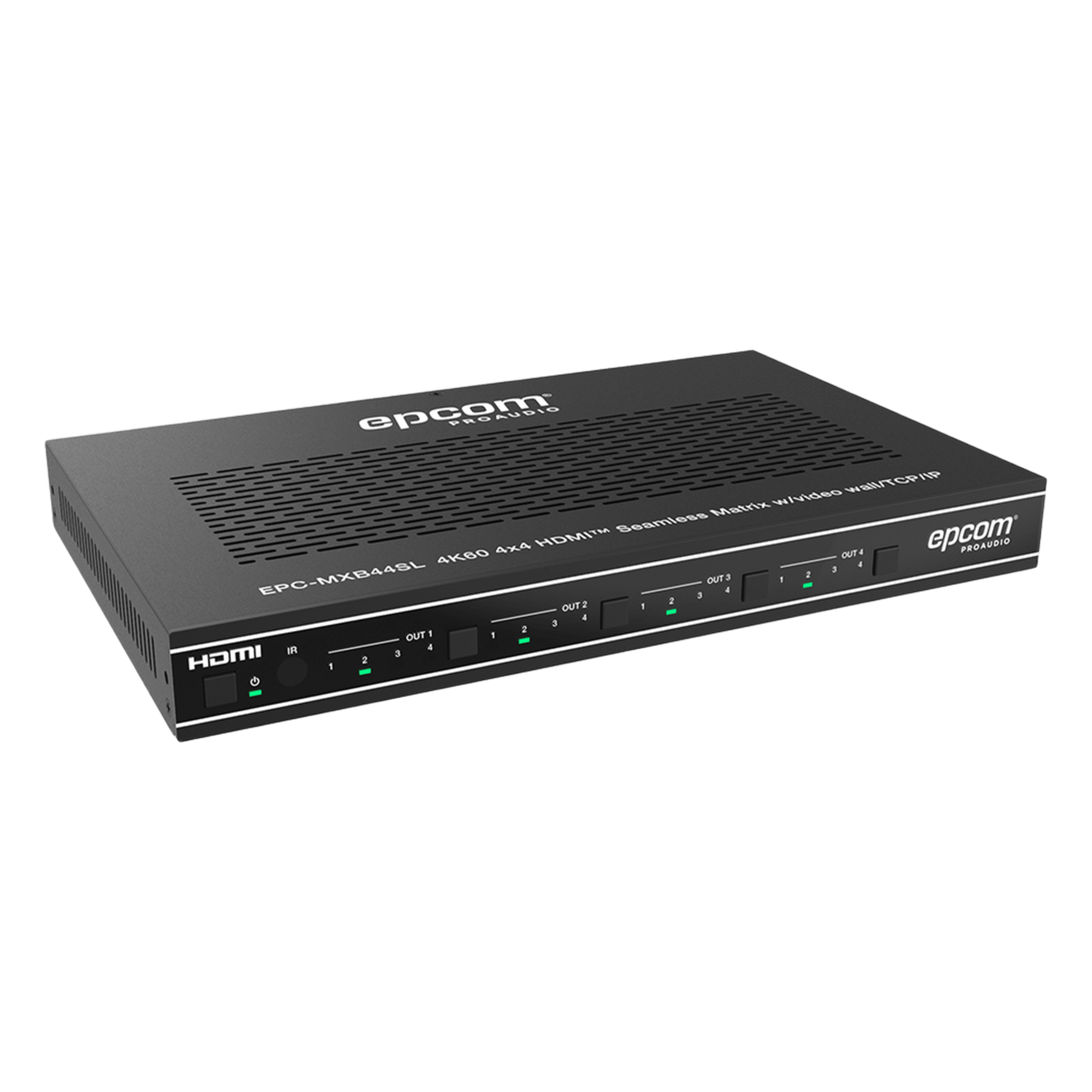 Matriz HDMI / 4×4 / Conmutación Sin Interrupciones / Video Wall 10 Modos / 4K@60Hz 4:4:4 / HDMI 2.0b / Control Web, IR, RS-232, TCP/IP — EPCOM PROAUDIO · SKU EPC-MXB44SL