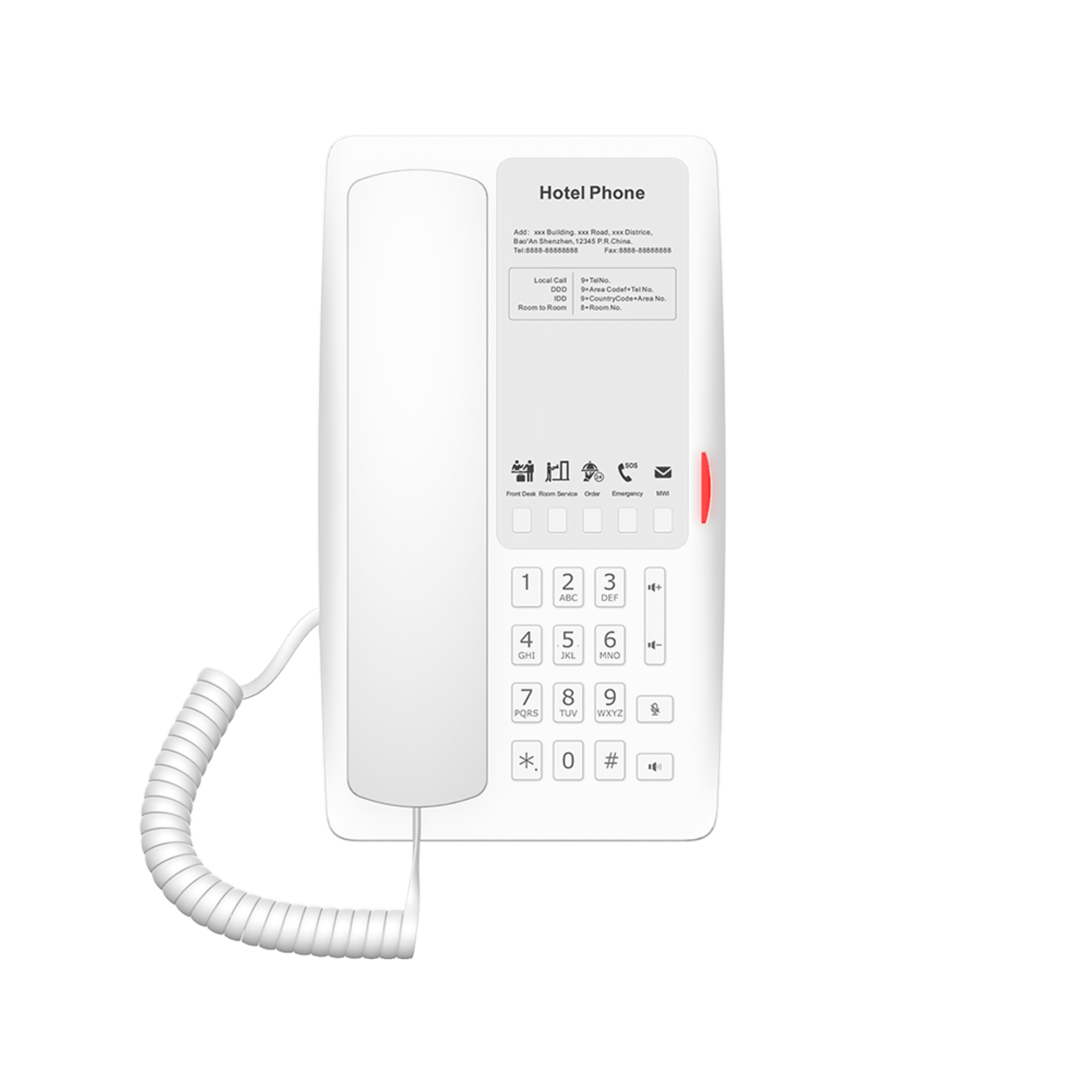 Teléfono IP Hotelero / 2 Líneas SIP / 5 Teclas Programables / Puerto USB-A de Carga / PoE 802.3af / Diseño Blanco / Audio HD Manos Libres