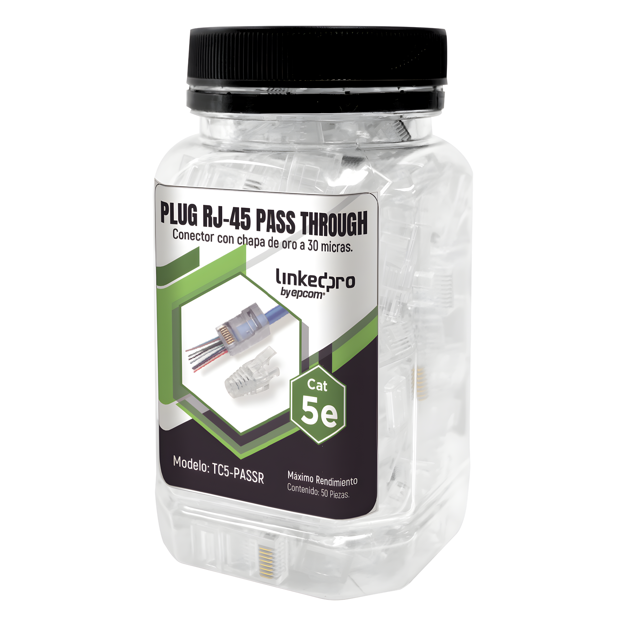 Plugs Pass-Through RJ45 / Cat5e / Sin Blindaje / Alivio de Tensión Integrado / Chapado Oro 30 Micras / 24 AWG / TIA-568B.2 — LINKEDPRO BY EPCOM · SKU TC5PASSR