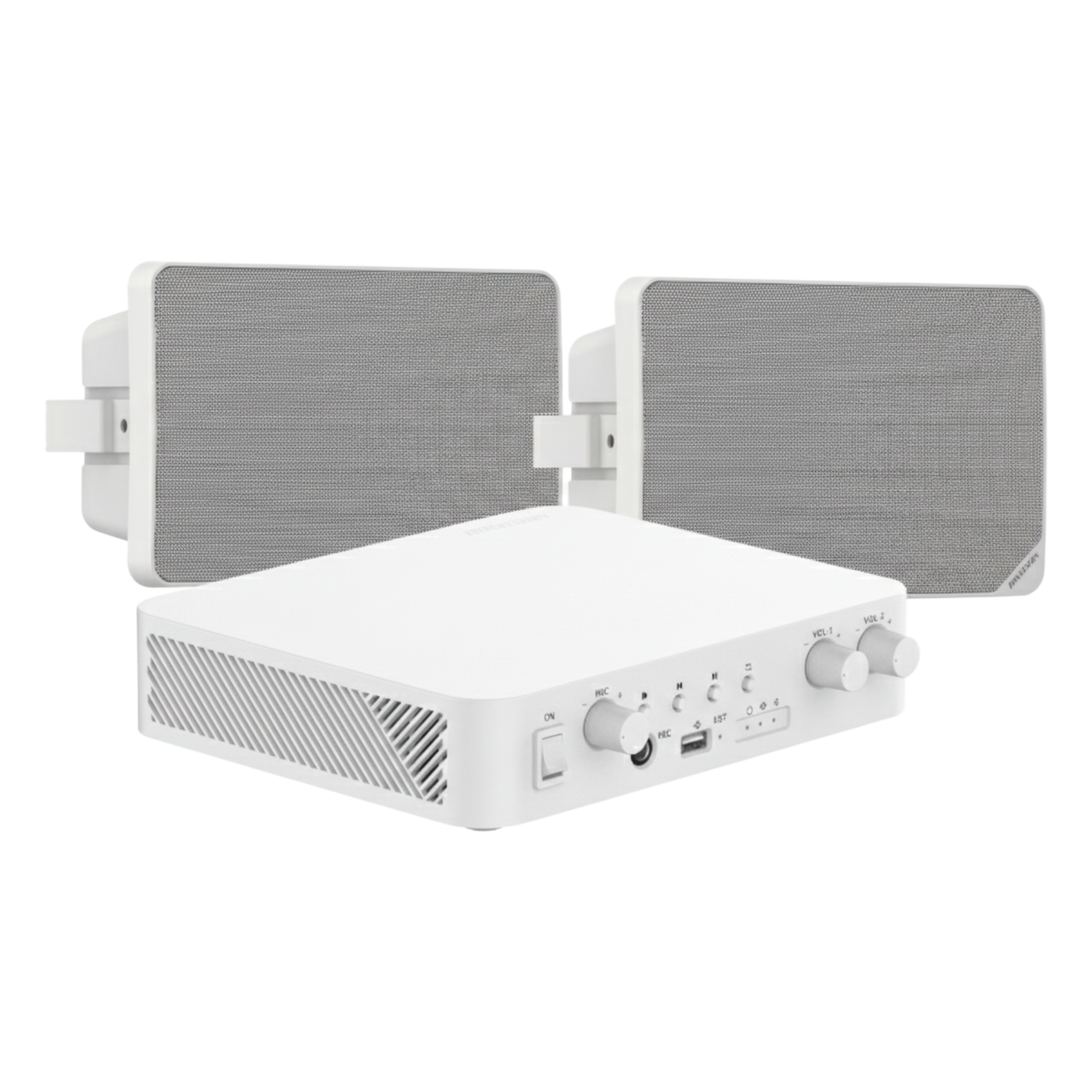 Kit de Audio / 70V-100V / 2 Altavoces de Pared / Bluetooth / 2 Zonas / 80W / Control Web — HIKVISION · SKU DS-QAE-KIT-0120G