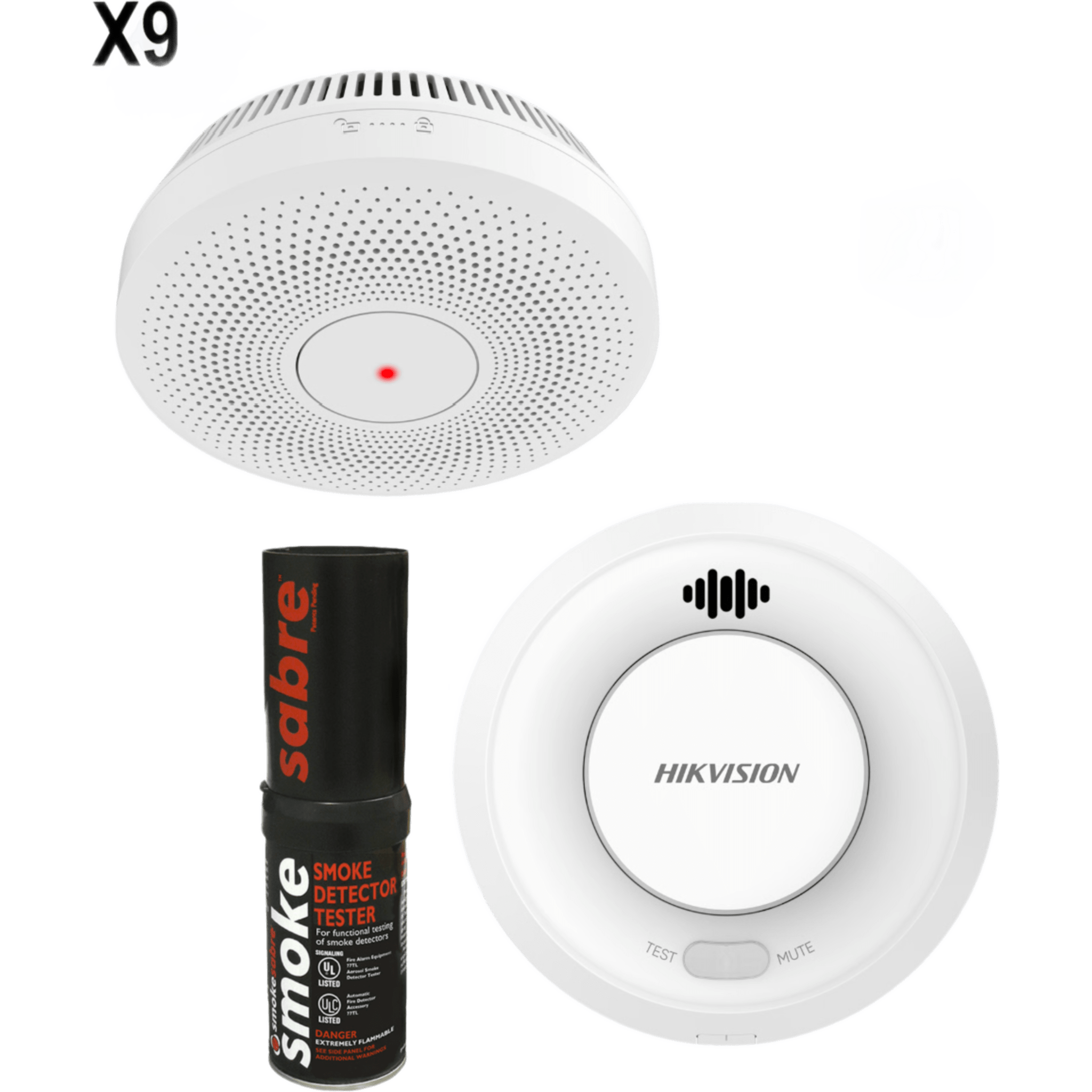 Kit de Detección de Humo / 9 Detectores Interlink + Hub Wi-Fi / Interconectable 30 Dispositivos / Batería 10 Años / Alarma 85 dB / Probador SABRE Incluido / Hik-Connect — SDI · SKU HFS3ERKSABRE