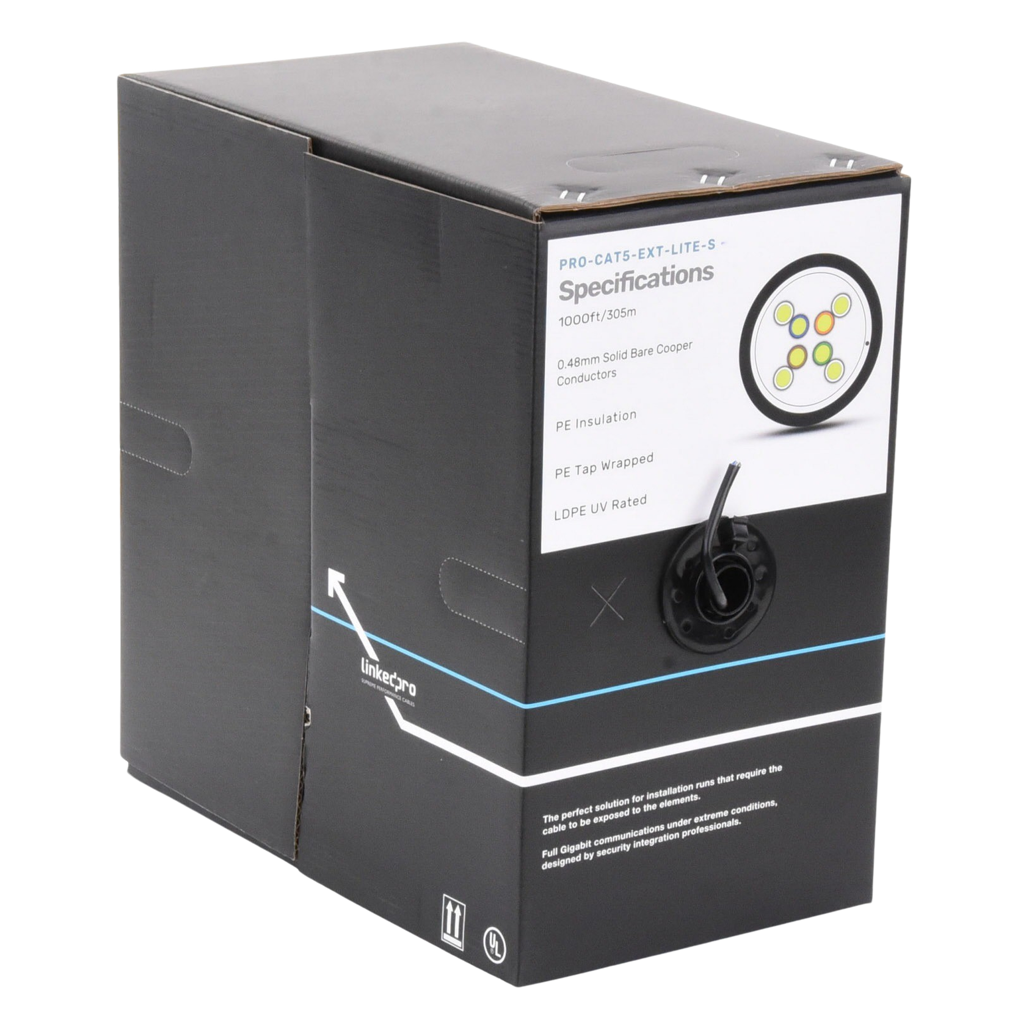 Bobina de Cable / Cat5e / UTP / 24 AWG / 305 m (1000 ft) / Exterior CMX / UV / Negro