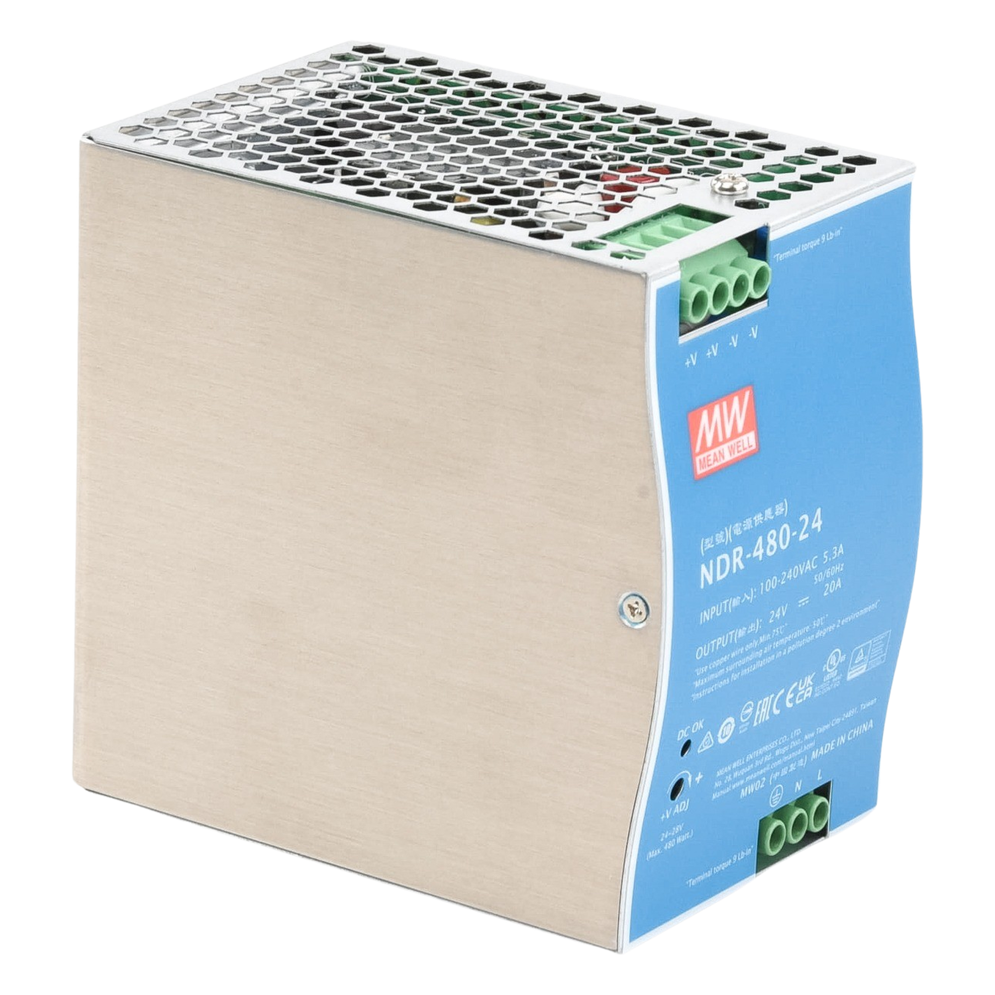 Fuente de Poder Industrial / 480W / Salida 24Vcc 20A / Entrada 100-240Vca / Eficiencia 92.5% / Riel DIN