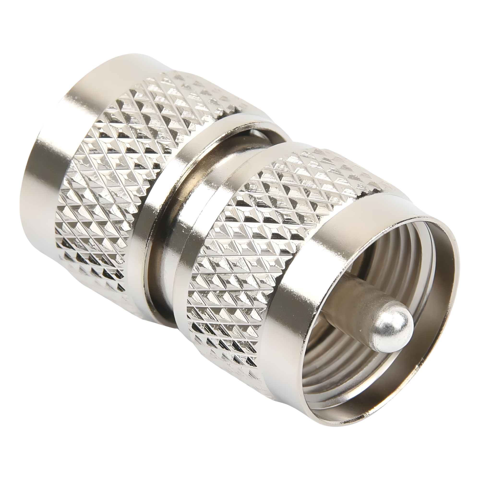 Adaptador RF Coaxial / UHF Macho a UHF Macho / Barril en Línea / Cuerpo Bronce Niquelado / Aislante Teflón