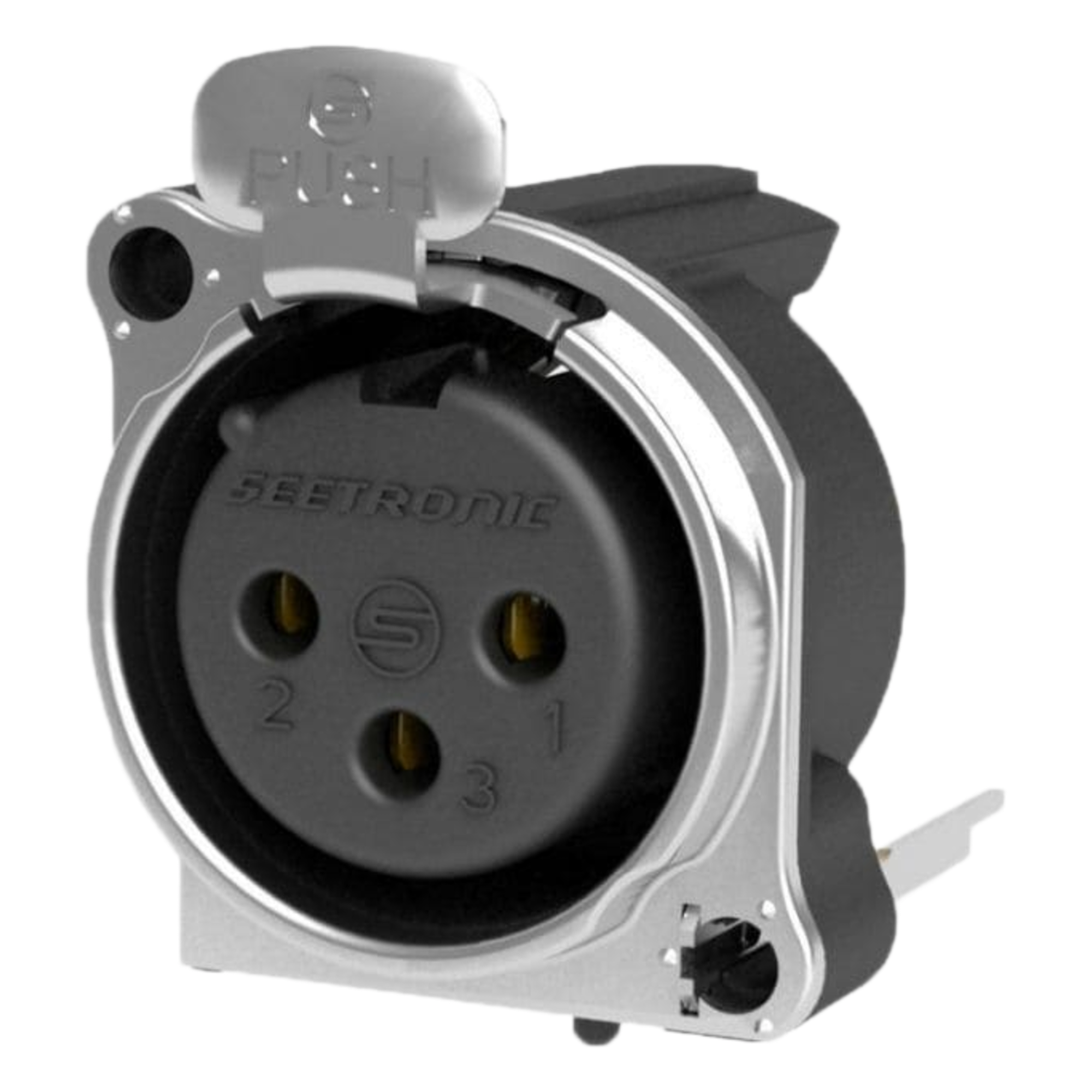 Conector XLR Hembra / 3 Polos / Montaje Vertical PCB / Carcasa Metálica / Pines Chapados en Oro / Diseño Compacto — SEETRONIC · SKU SCADF3-V