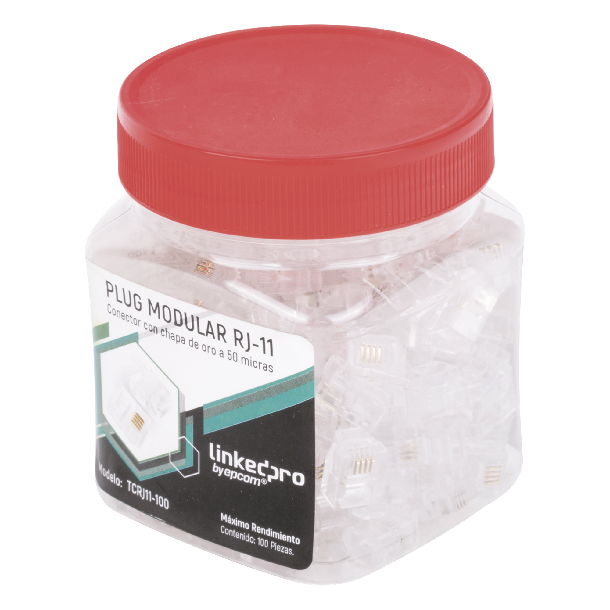 Plug Modular RJ11 / 4 Contactos / Chapado Oro 50 Micras / Paquete 100 Piezas — LINKEDPRO BY EPCOM · SKU TCRJ11-100