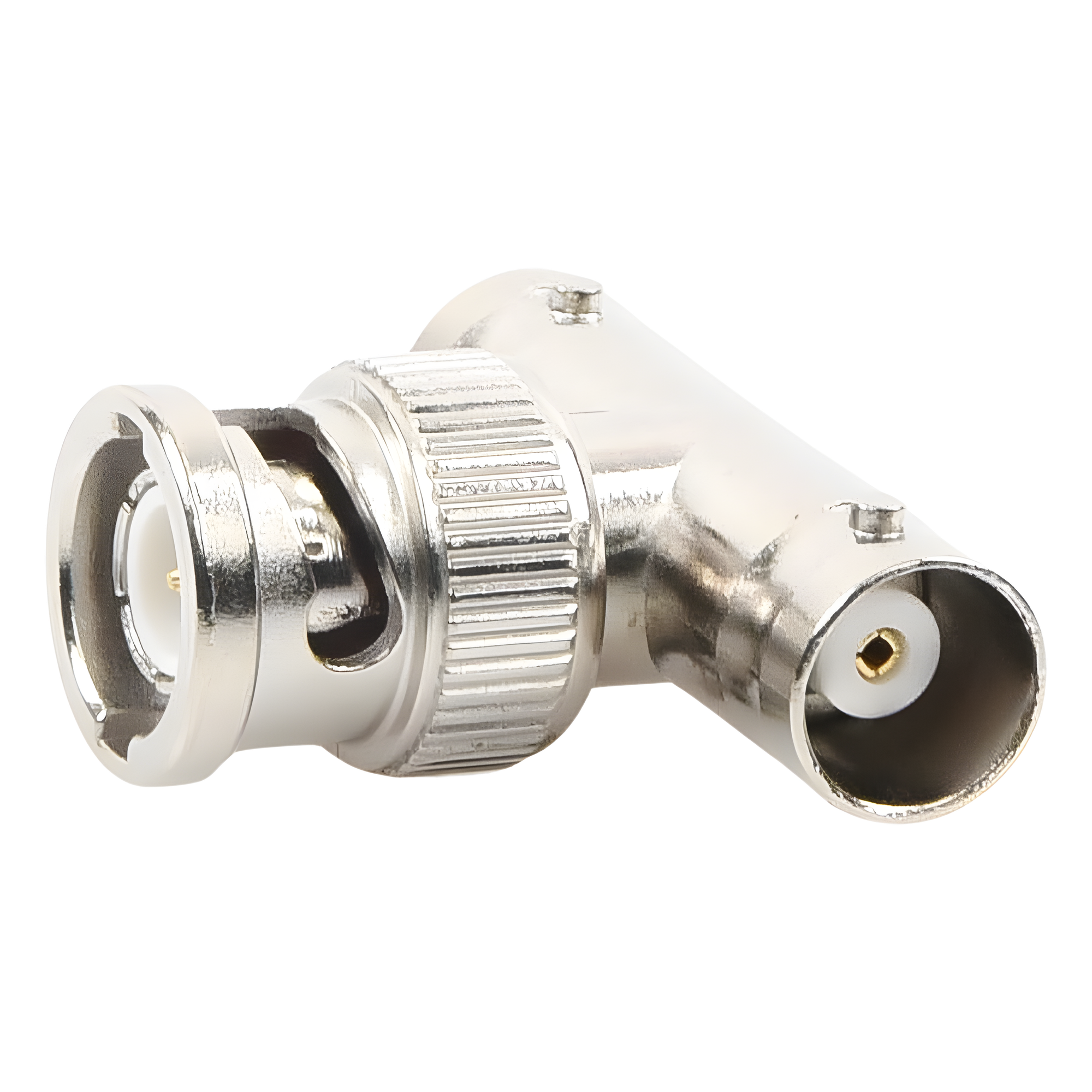 Adaptador RF en T / BNC Macho a Doble BNC Hembra / 50 Ohm / Cuerpo Troquelado Niquelado / Contacto Oro / Aislante Delrin