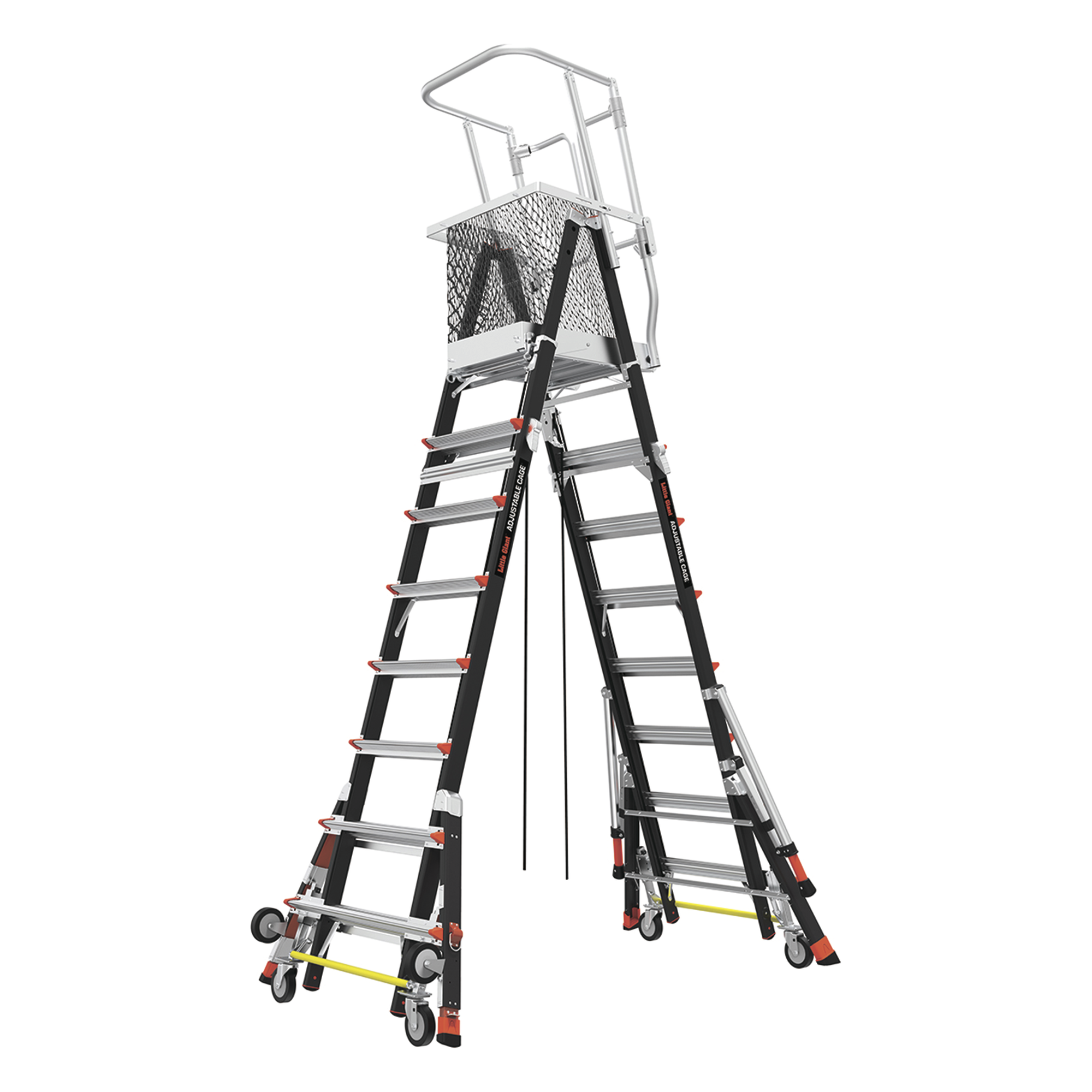 Escalera de Fibra de Vidrio  con Jaula de 8'-14' (2.44 - 4.27 m). Con Ajuste en Ruedas (RATCHET™ Leveler) (SKU:18515-817).