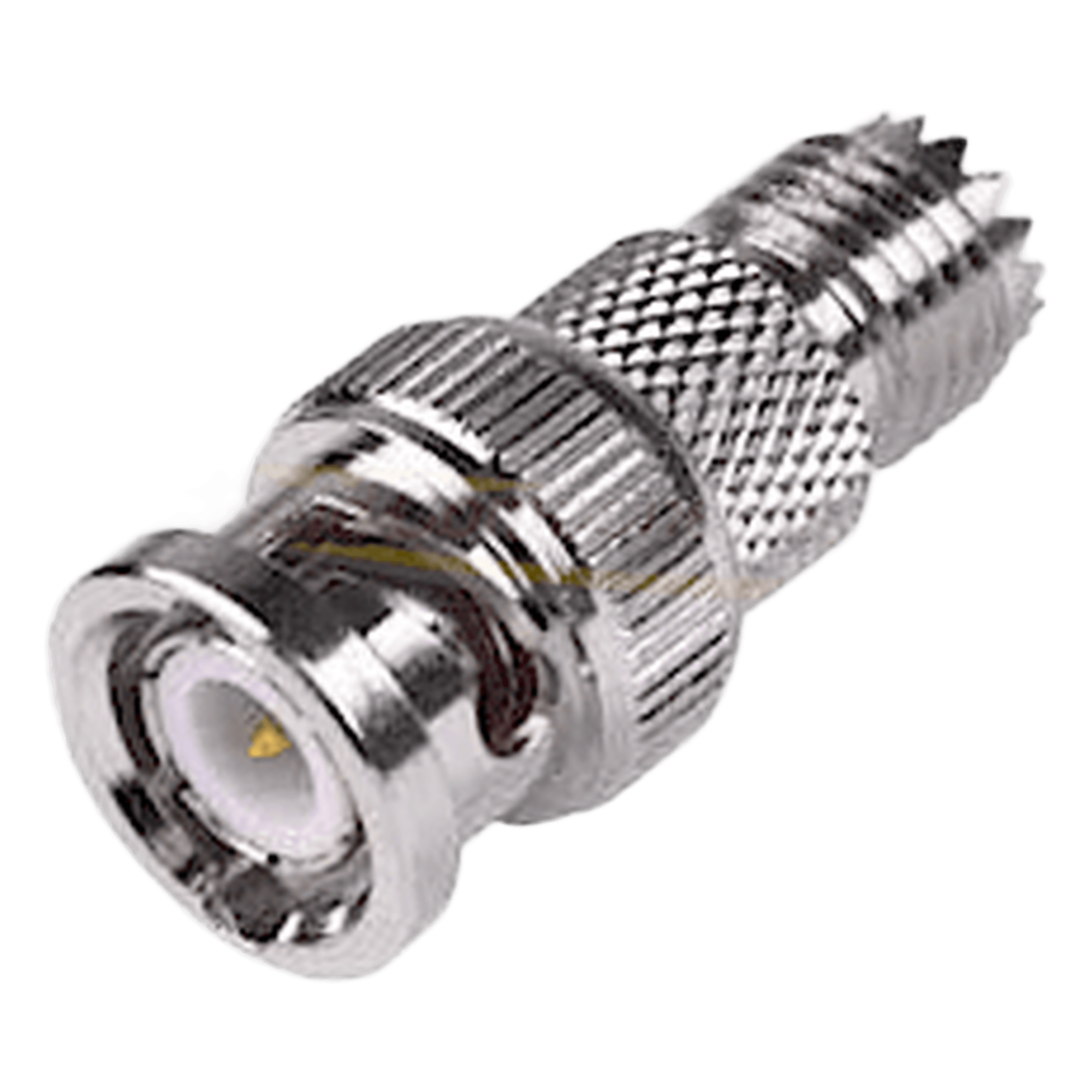 Adaptador RF / Mini-UHF Hembra a BNC Macho / Montaje en Línea / 50 Ohm / Bronce Niquelado / Aislante de Teflón — RF INDUSTRIES,LTD · SKU RFU-627
