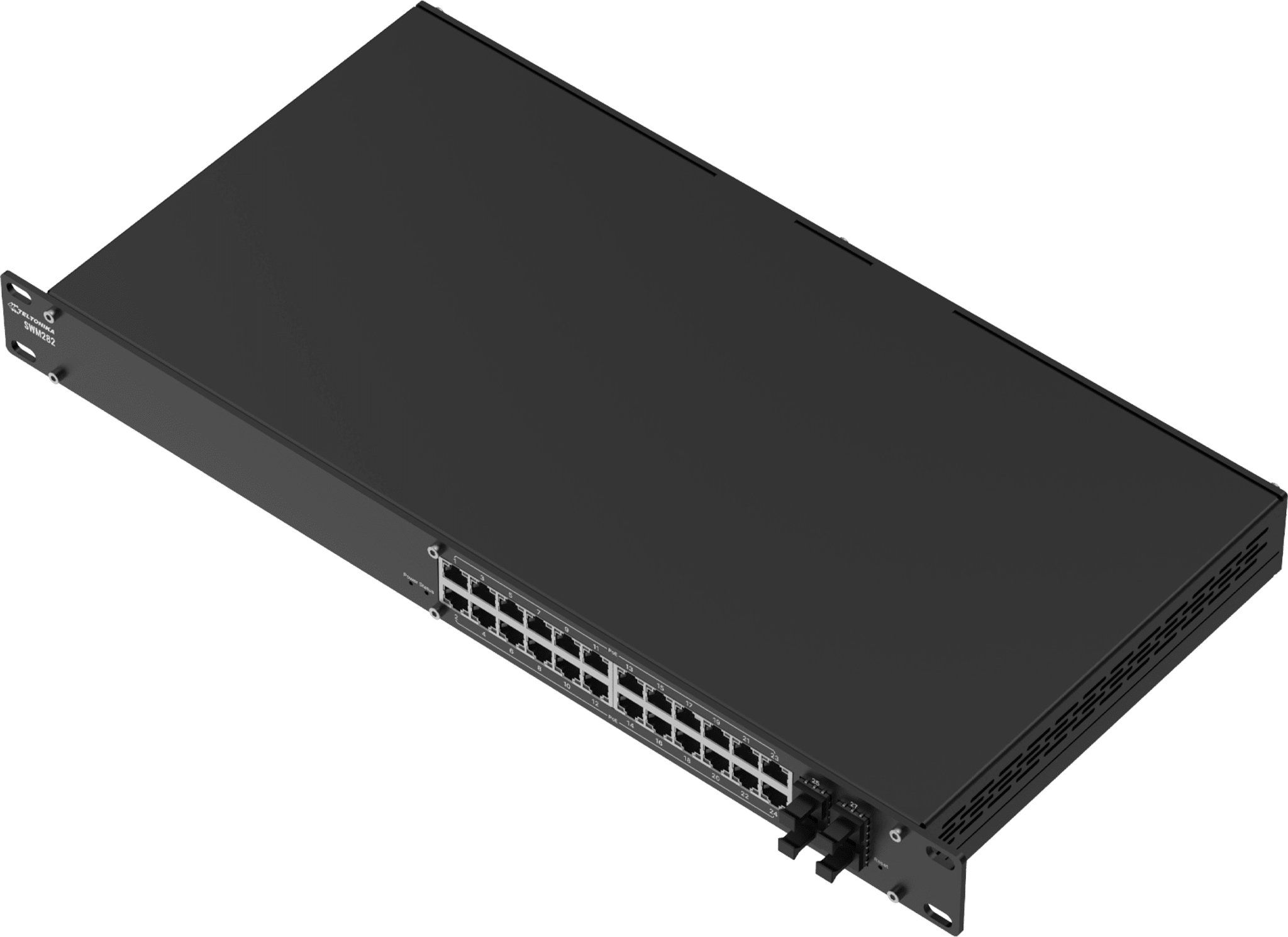 Switch Administrable L2+ / 24 Puertos PoE+ Gigabit / 4 Puertos SFP / Capacidad 56 Gbps / 300W PoE / Rack 19" / IP30 — TELTONIKA · SKU SWM282