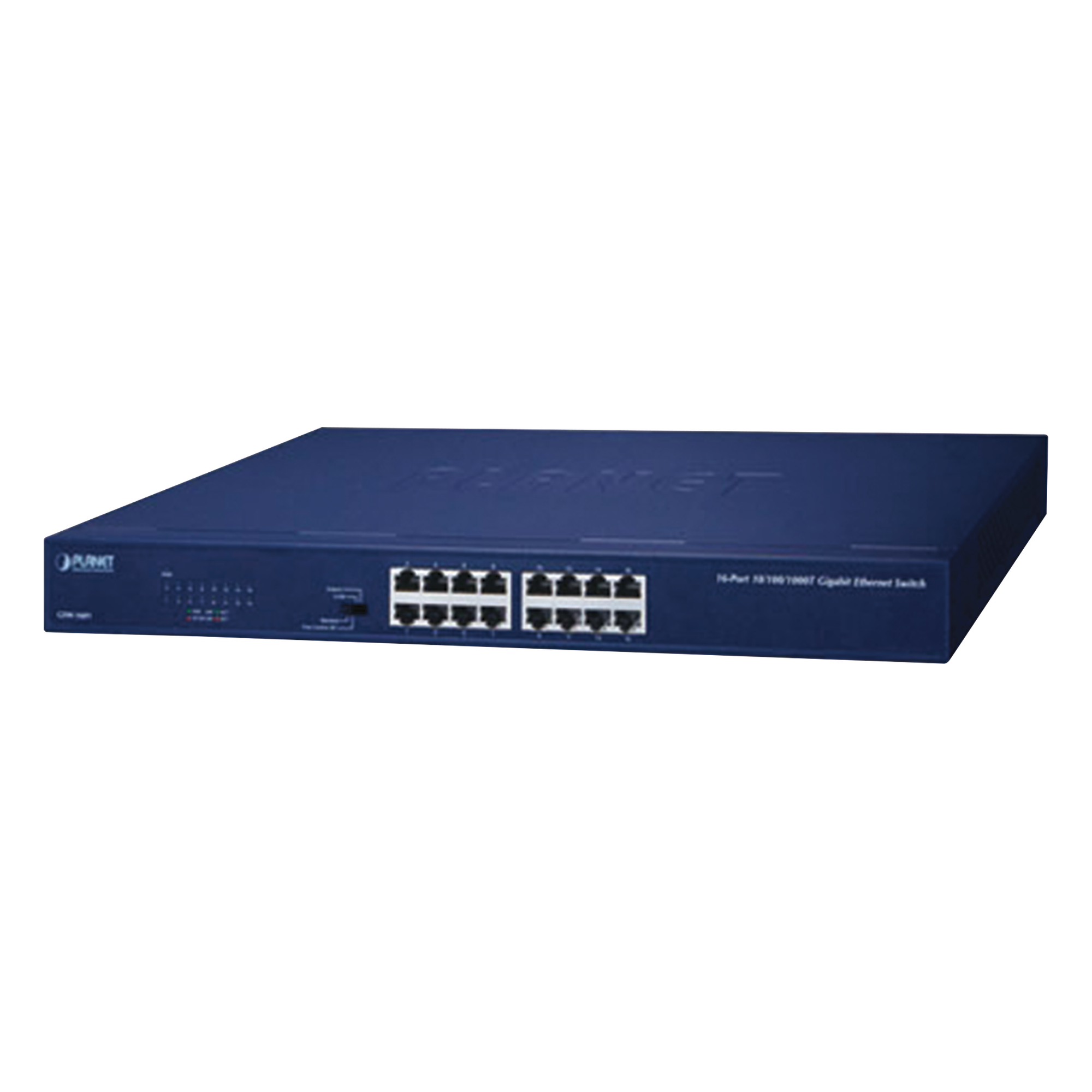 Switch / 16 Puertos Gigabit / 32 Gbps Switch Fabric / Modo Extendido 200 m (656 ft) / 1U Rack / 9,4 W — PLANET · SKU GSW-1601