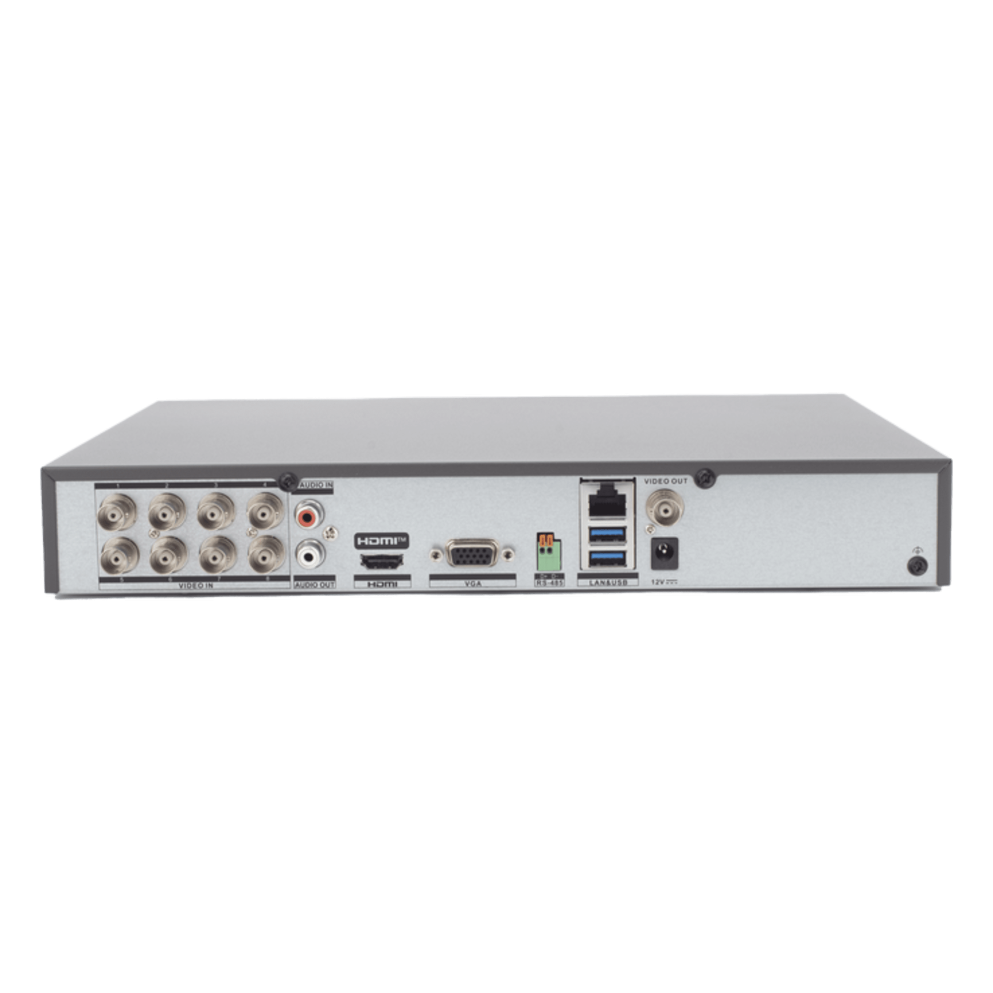 DVR Pentahíbrido / 12 Canales (8 TURBOHD + 4 IP) / 8 Megapixel (4K) / Reconocimiento Facial / Audio Bidireccional por Coaxitron / H.265+ / 1 Bahía HDD 10 TB / Salida HDMI y VGA 4K