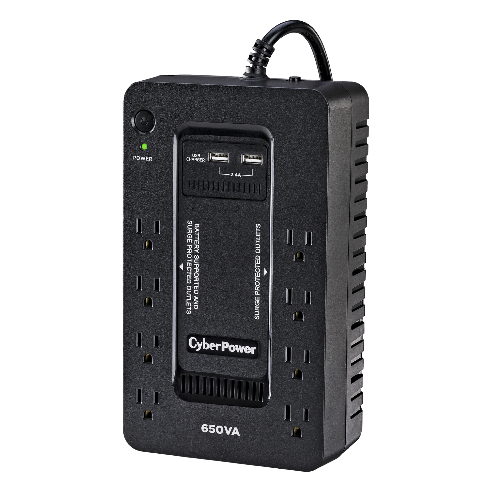 UPS de 650 VA/390 W, Topología Standby con Modo Ahorrador ECO, Entrada 120 Vca NEMA 5-15P, Con 8 Tomas NEMA 5-15R 