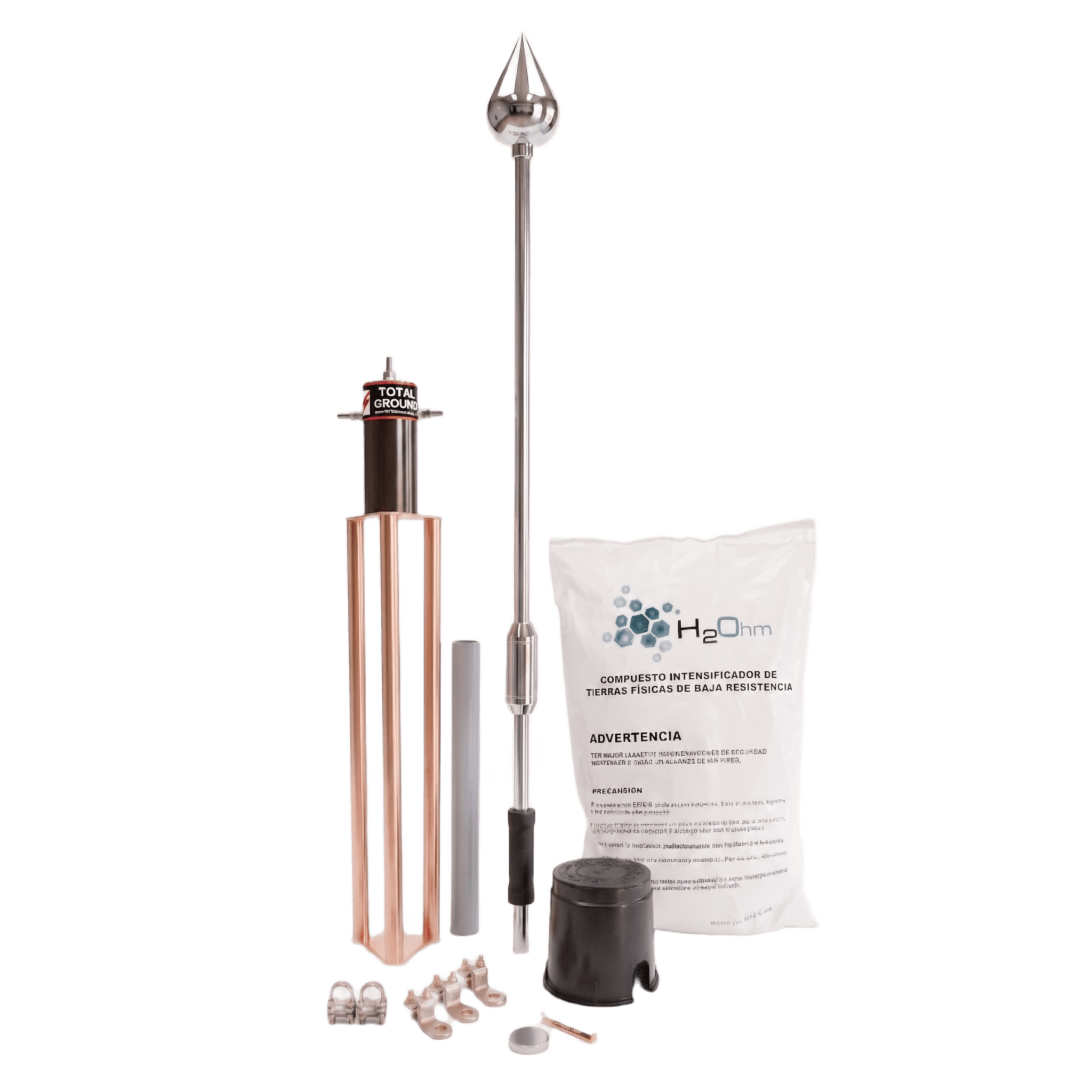 Kit Pararrayo / Avance de Cebado 60 m (196.9 ft) / Punta de Aluminio / Resistencia < 2 Ohm / 100 A / Accesorios Torre — TOTAL GROUND · SKU KIT-MASTER-PE15-ALU