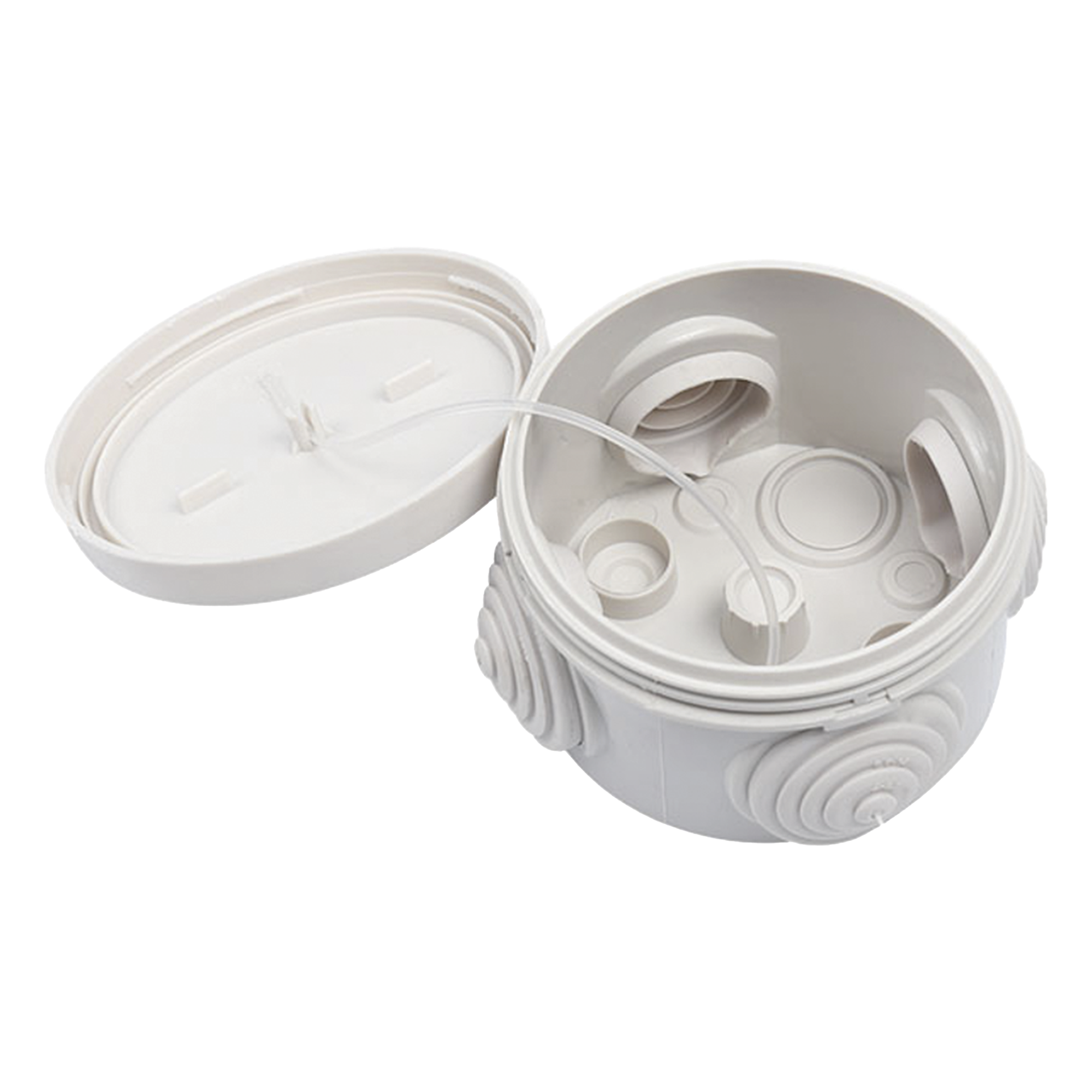 Caja Derivación-Conexión de Plástico Circular con 4 Glándulas de Goma (70 diámetro X 48 alto mm). Para Instalaciones Comerciales,  Residenciales e Industriales. Cerrado a Presión. 