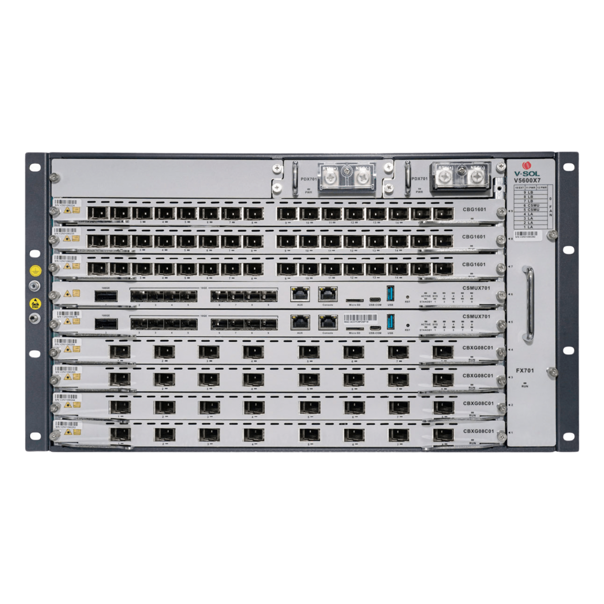OLT Modular Chasis / 7 Ranuras de Servicio / GPON/XGS-PON Combo / 16 Puertos GPON / Intercambio en Caliente / Redundancia 24/7 — V-SOL · SKU V5600-X7