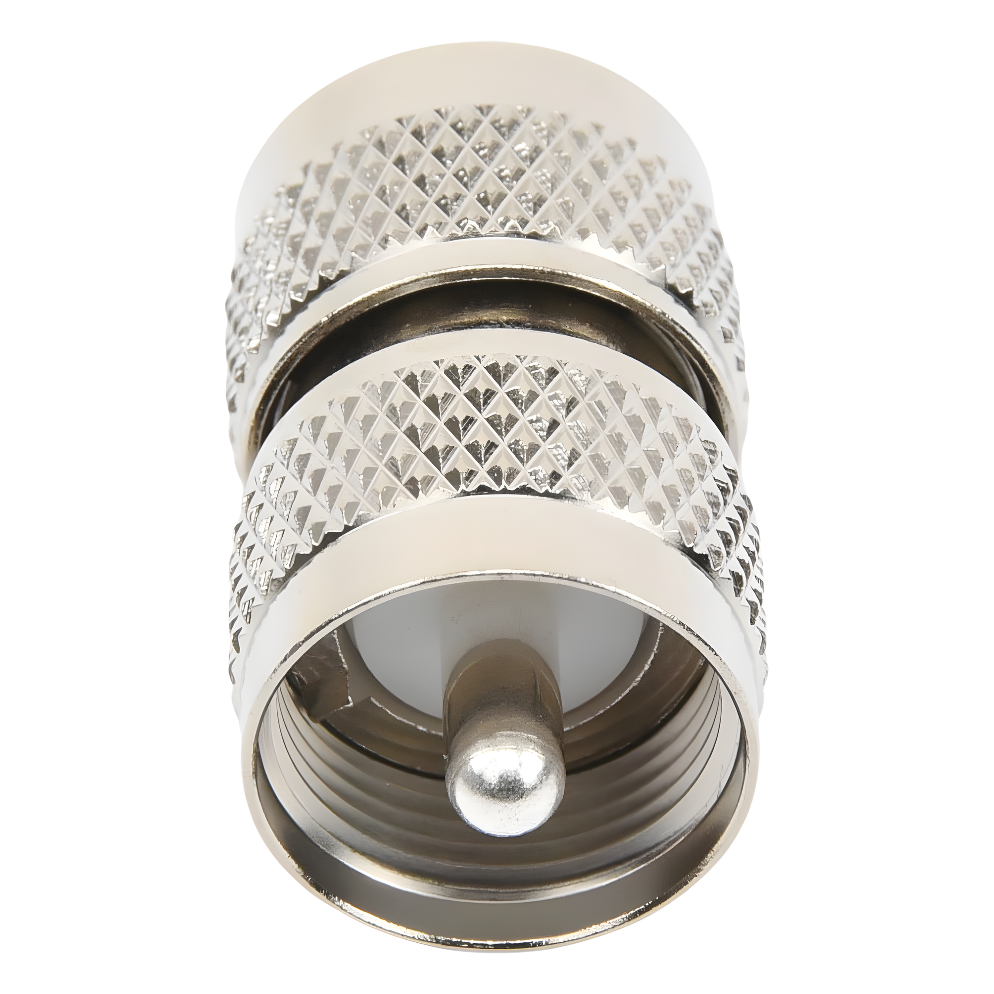 Adaptador RF Coaxial / UHF Macho a UHF Macho / Barril en Línea / Cuerpo Bronce Niquelado / Aislante Teflón