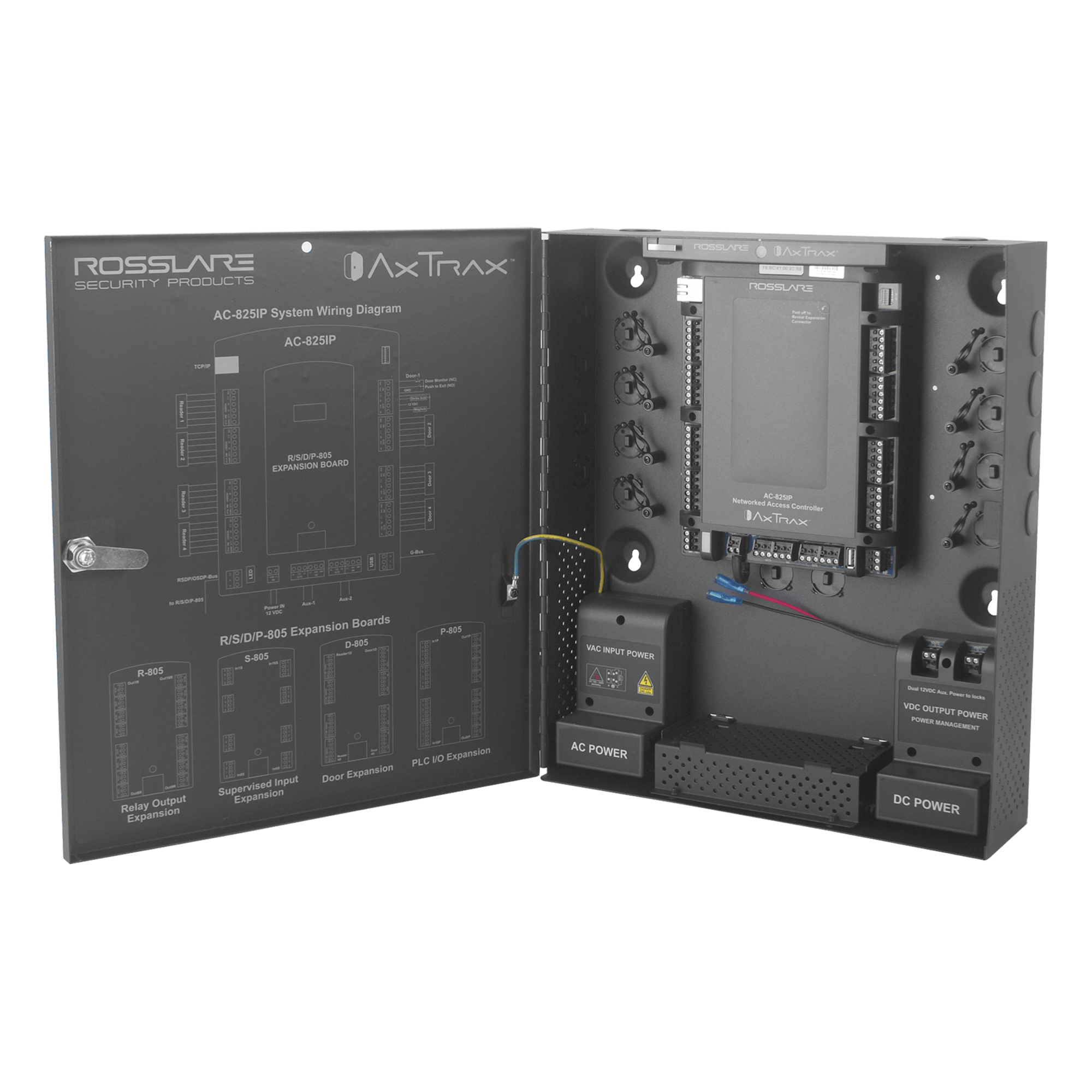 Controlador de acceso / 4 lectoras expandible a 56 / 100,000 usuarios / TCP/IP AES-128 / Control de elevadores — ROSSLARE SECURITY PRODUCTS · SKU AC-825IP