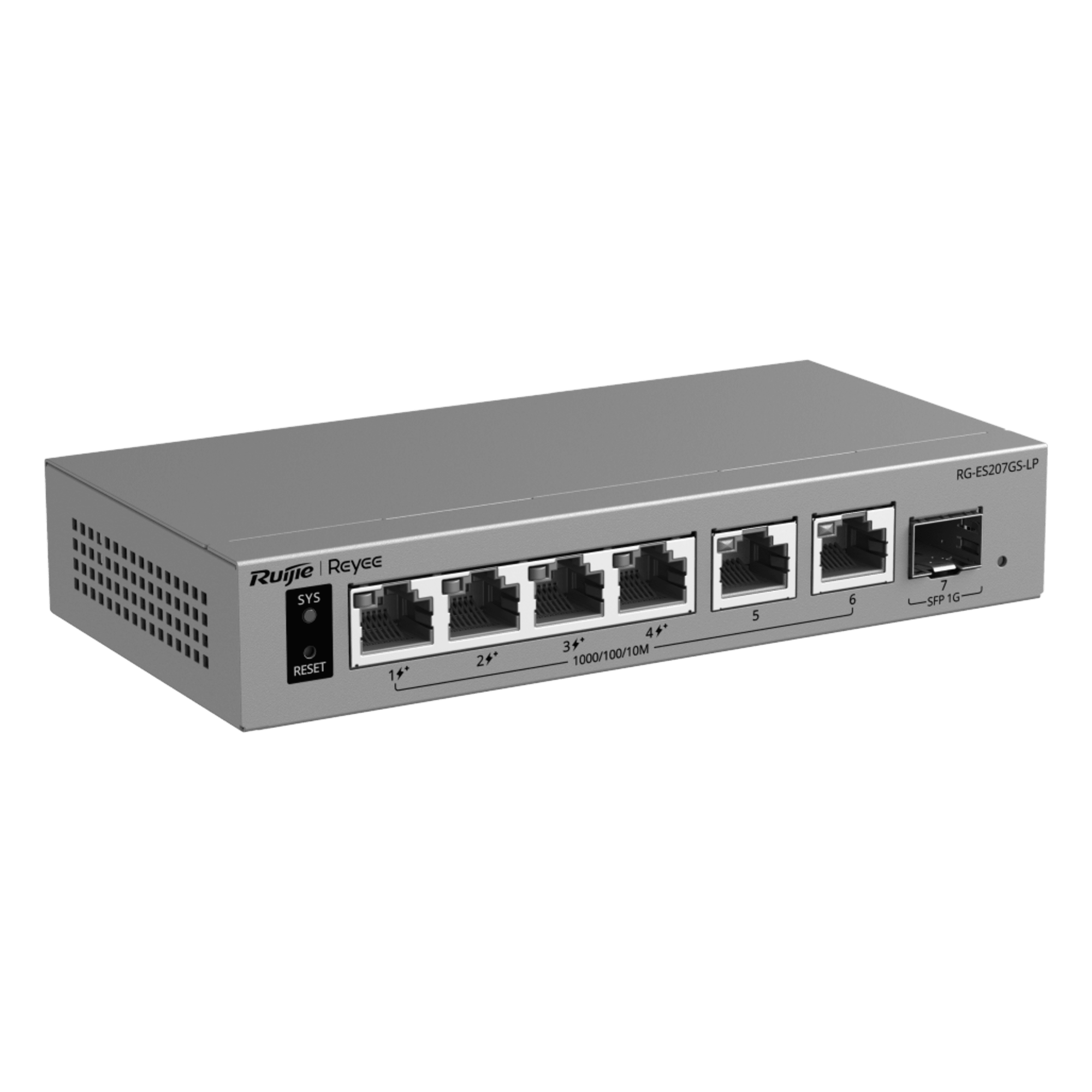 Switch Gigabit Smart Cloud / 7 Puertos / 4 PoE+ 40 W / 1 SFP Uplink / Capa 2 / Protección 6 kV / Fanless