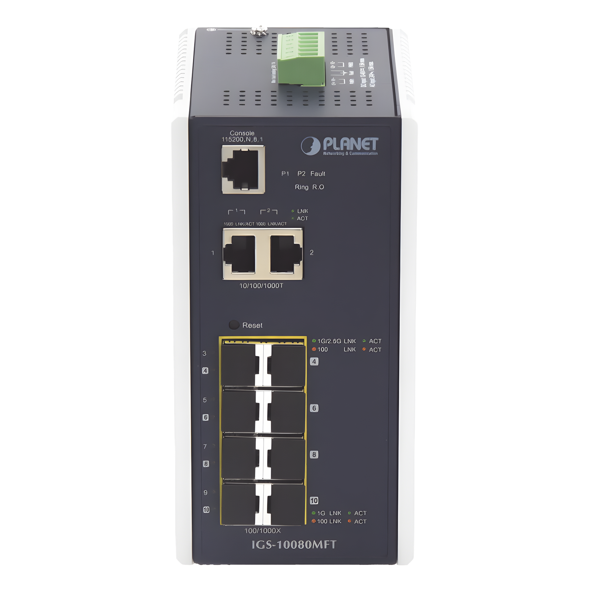 Switch Industrial Administrable L2+ / 8 Puertos SFP 1G / 2 Puertos TP Gigabit / 2 Puertos SFP 2.5G / -40 a 75°C / IP30 — PLANET · SKU IGS-10080MFT