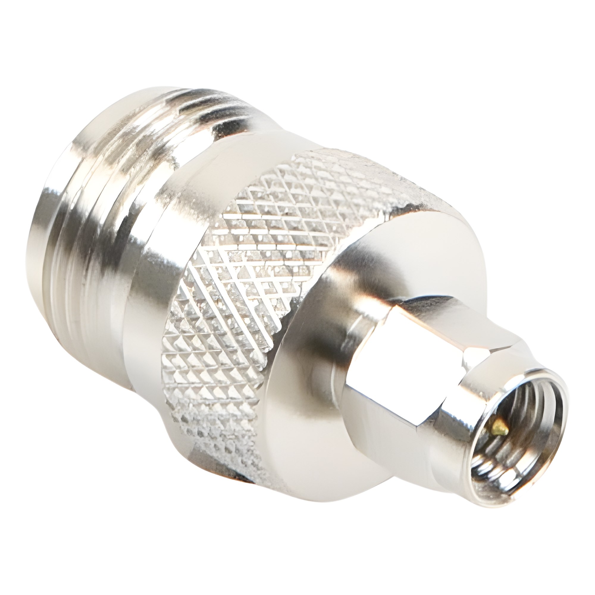 Adaptador RF Coaxial / SMA Macho a N Hembra / En Línea / Cuerpo Bronce Niquelado / Contacto Oro / Aislante Teflón