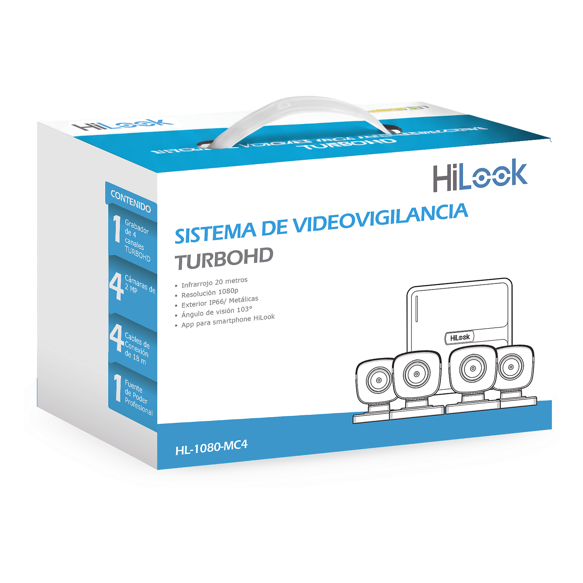 Kit TurboHD / 4 Canales / 4 Cámaras Bala 2 Megapixel / IR 20 m (65.6 ft) / H.265+ / IP66 / HDMI y VGA Simultáneo — HiLook by HIKVISION · SKU HL-1080-MC4