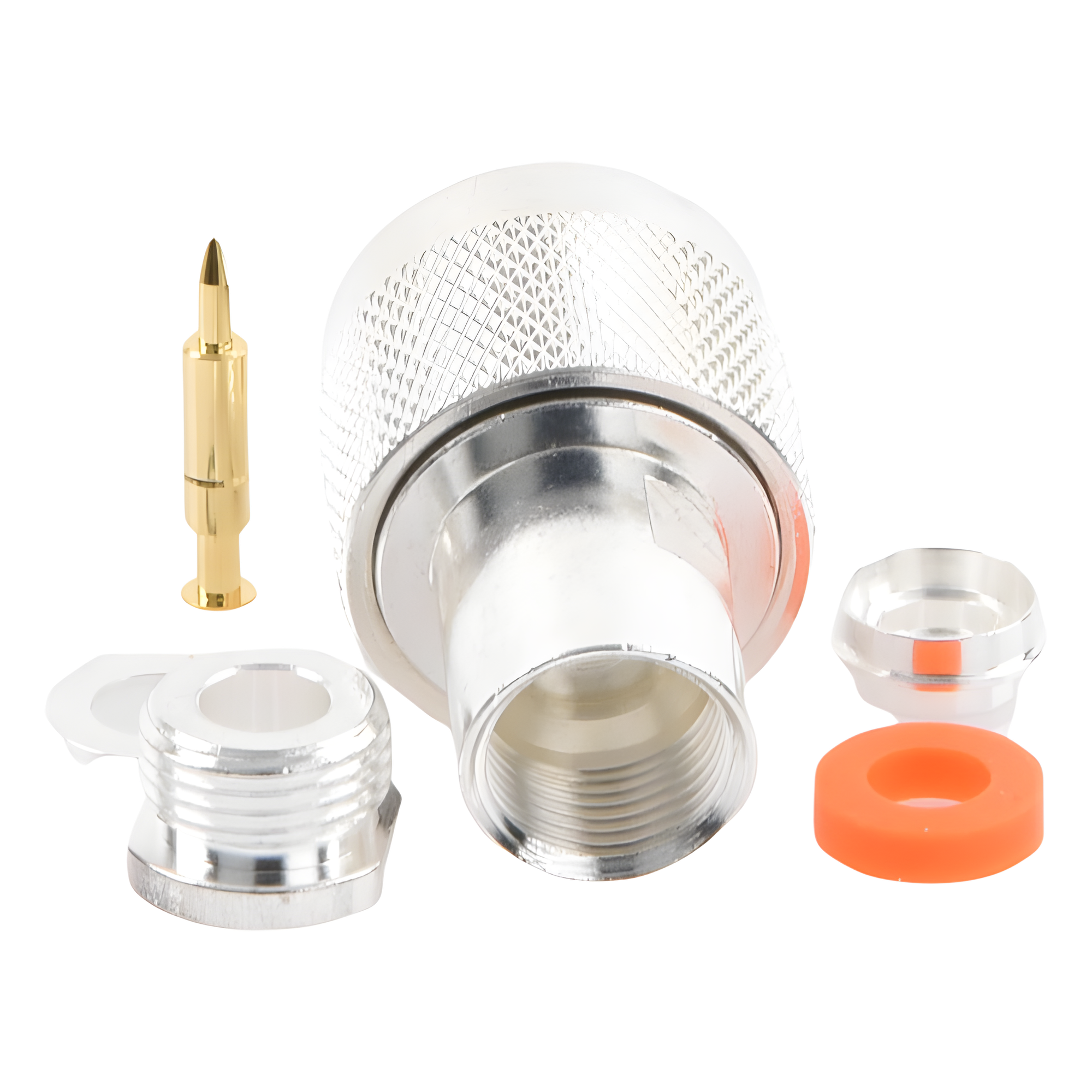 Conector RF N Macho / Ensamble por Rosca / Compatibilidad RG-58/U y RG-142/U / Cuerpo Bronce Plateado / Contacto Oro / Aislante Teflón