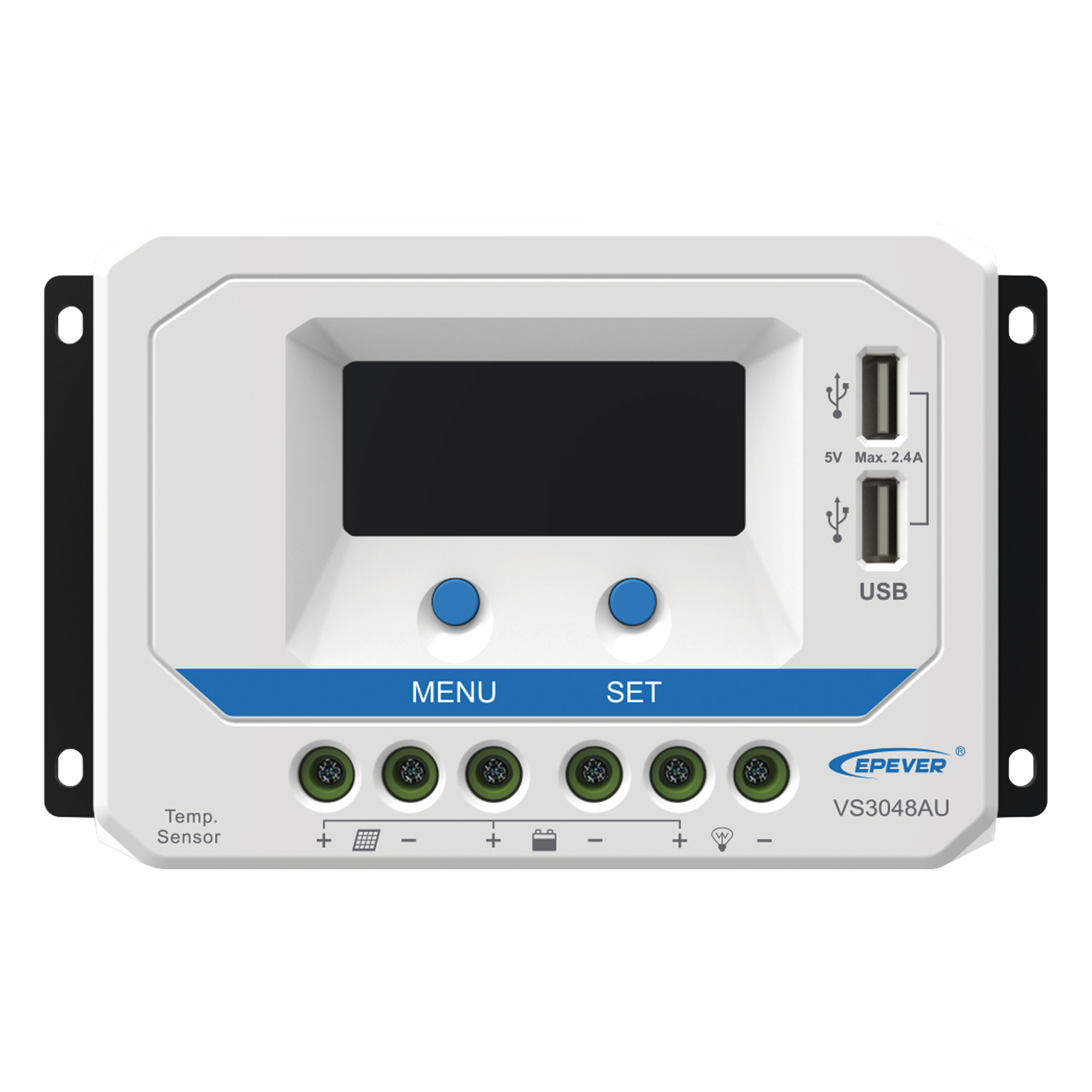 Controlador Solar PWM / 30A / 12/24/36/48V Auto / Tierra Positivo Común / Doble USB 2.4A / Pantalla LCD — EPEVER · SKU VS-3048-AU
