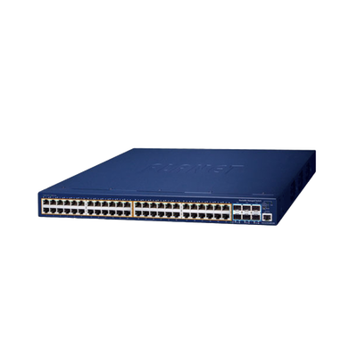 Switch Administrable Stacking Capa 3, 48 Puertos PoE Gigabit 802.3at, 6 Puertos SFP de 10 G, Entrada de Alimentación Redundante de 55 V cc.