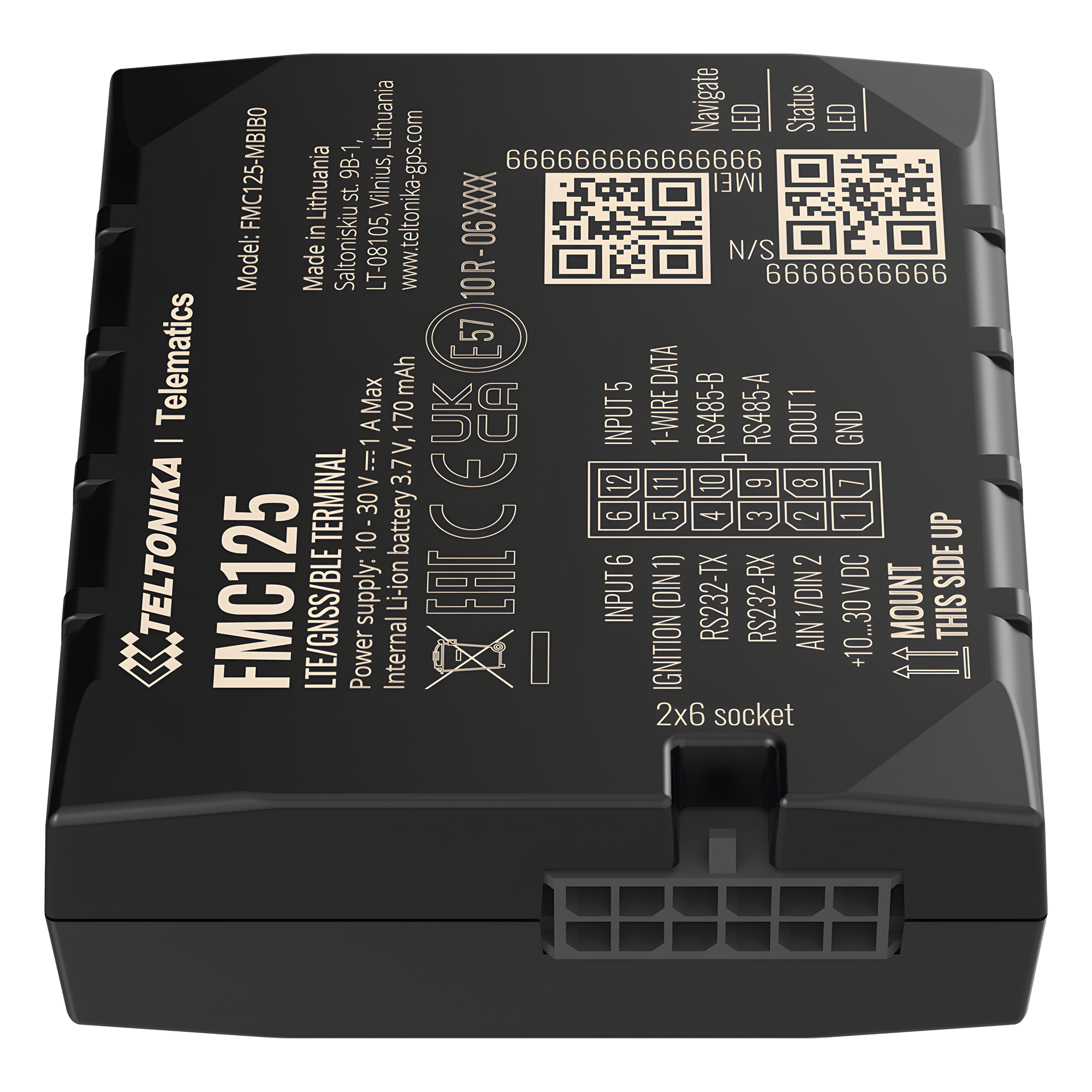 Rastreador Vehicular GPS / 4G LTE CAT 1 / 2G / Dual SIM / RS485 / RS232 / Bluetooth / DualCam / 170 mAh — TELTONIKA · SKU FMC125