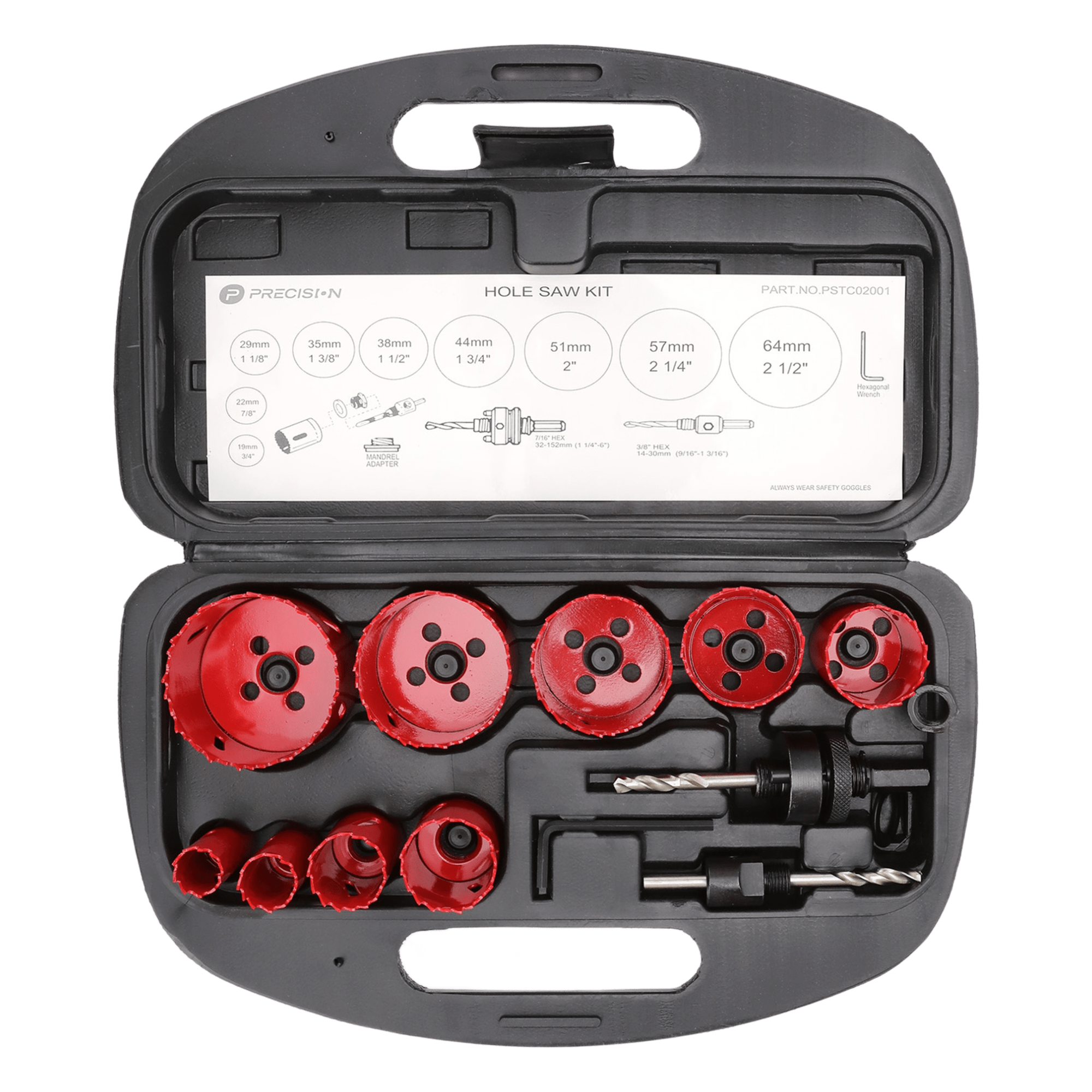 Juego de Brocas Sierra / 9 Piezas / 3/4" a 2-1/2" / Bi-Metal HSS / Profundidad 40 mm / Estuche PVC — PRECISION · SKU PST-C020-01