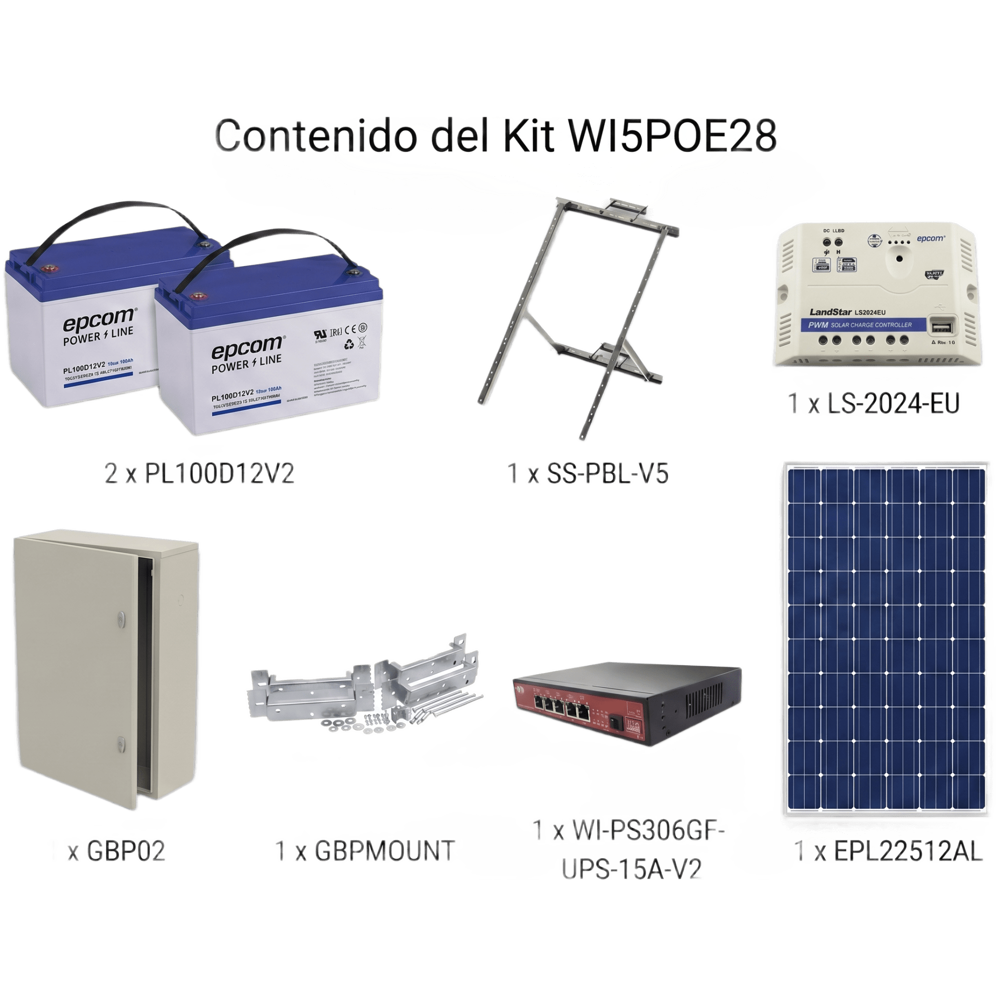 KIT SOLAR - Sistema Aislado — Kit Solar Witek de 28 W con 5 Puertos PoE 802.3 af y PoE Pasivo 24 V para alimentar Camaras IP y un Enlace Punto a Punto en 24 Vcc