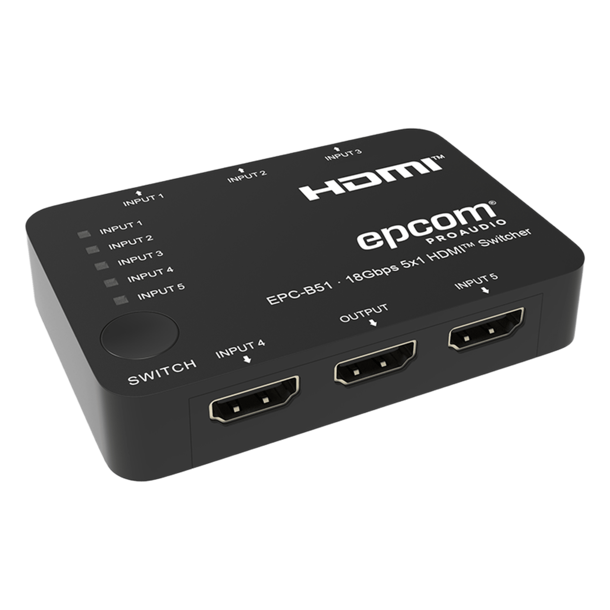 Conmutador HDMI / 5 Entradas x 1 Salida / 18 Gbps / 4K@60Hz / YCbCr 4:4:4 / HDR / Dolby Vision / HDCP 2.2 — EPCOM PROAUDIO · SKU EPC-B51