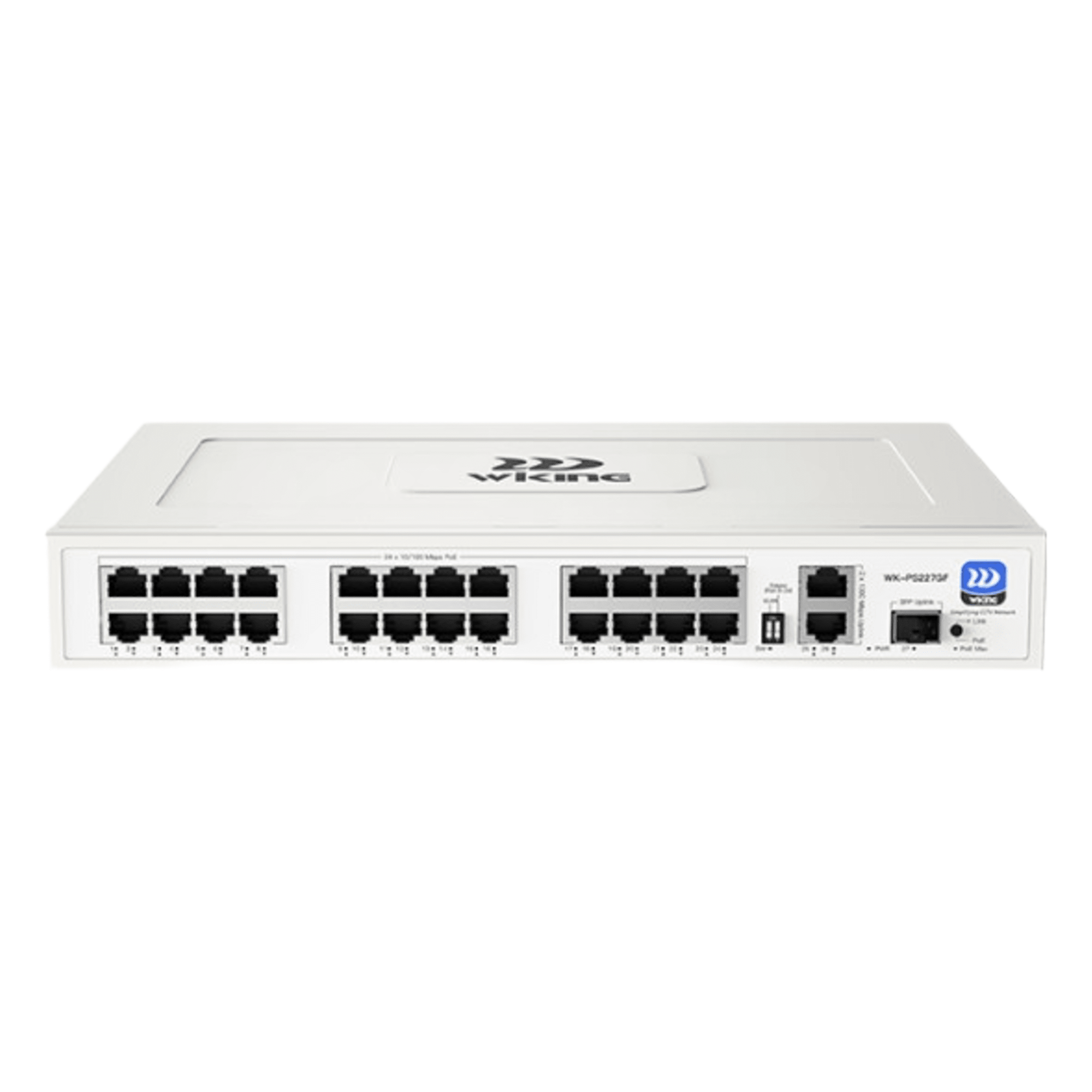 Switch PoE No Administrable / 24 Puertos 10/100 Mbps PoE / 2 Puertos Uplink Gigabit / 1 Ranura SFP 1000 Mbps / Presupuesto PoE 270 W / Hi-PoE 60 W — WI-TEK · SKU WK-PS227GF