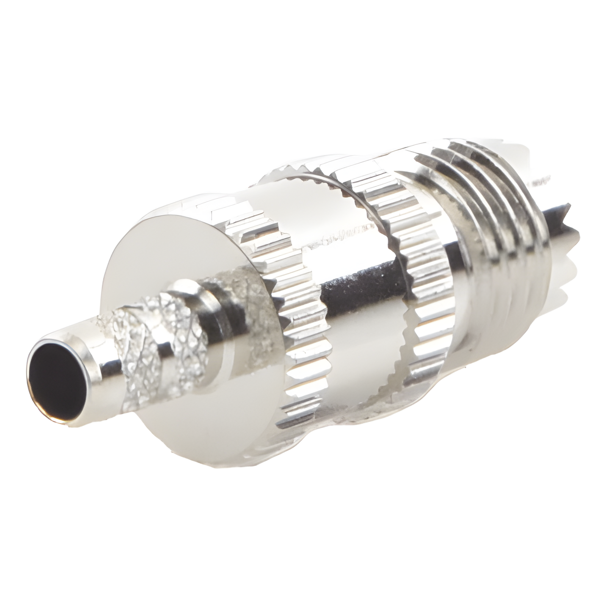 Conector RF Mini UHF Hembra / Anillo Plegable / Cables RG-58/U y RG-142/U / Cuerpo Níquel / Contacto Plata / Aislante Delrin — RF INDUSTRIES,LTD · SKU RFU-601-1