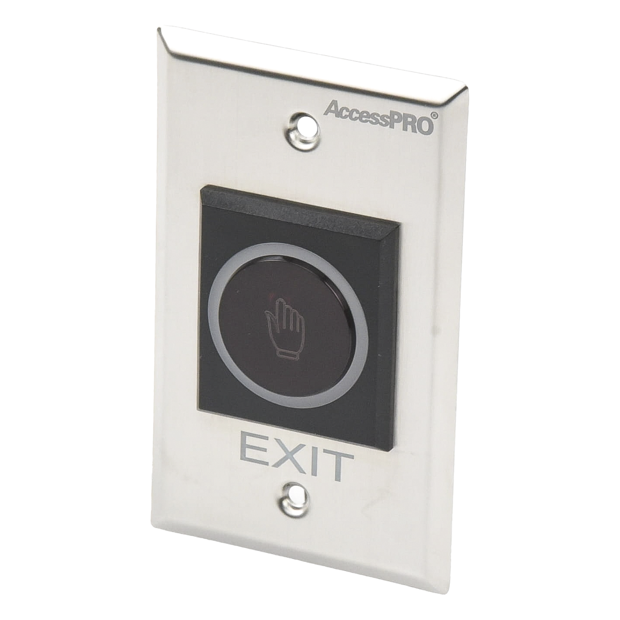 Botón de Salida Sin Contacto / Sensor IR 4 a 15 cm / Acero Inoxidable / Contactos NO/COM/NC / 12 VDC / IP para Ambientes Higiénicos — ACCESSPRO · SKU ACCESSK1