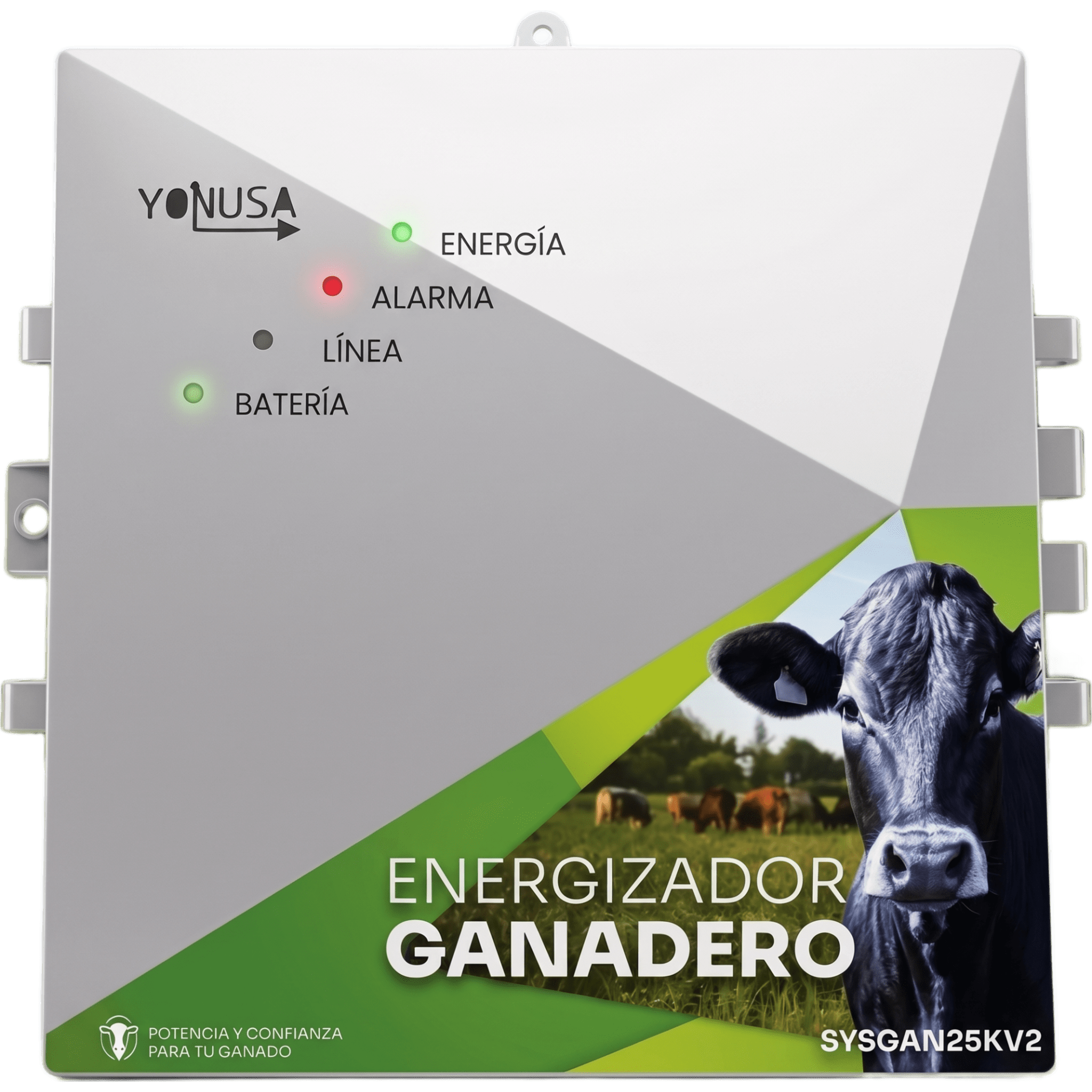 Energizador Ganadero / 10,000 Volts / 0.2 a 5.0 Joules Ajustable / 25 km Lineales / Alimentación 90-260 Vca y 12 Vcd / Panel Solar / NEMA 2 — YONUSA · SKU SYSGAN25KV2