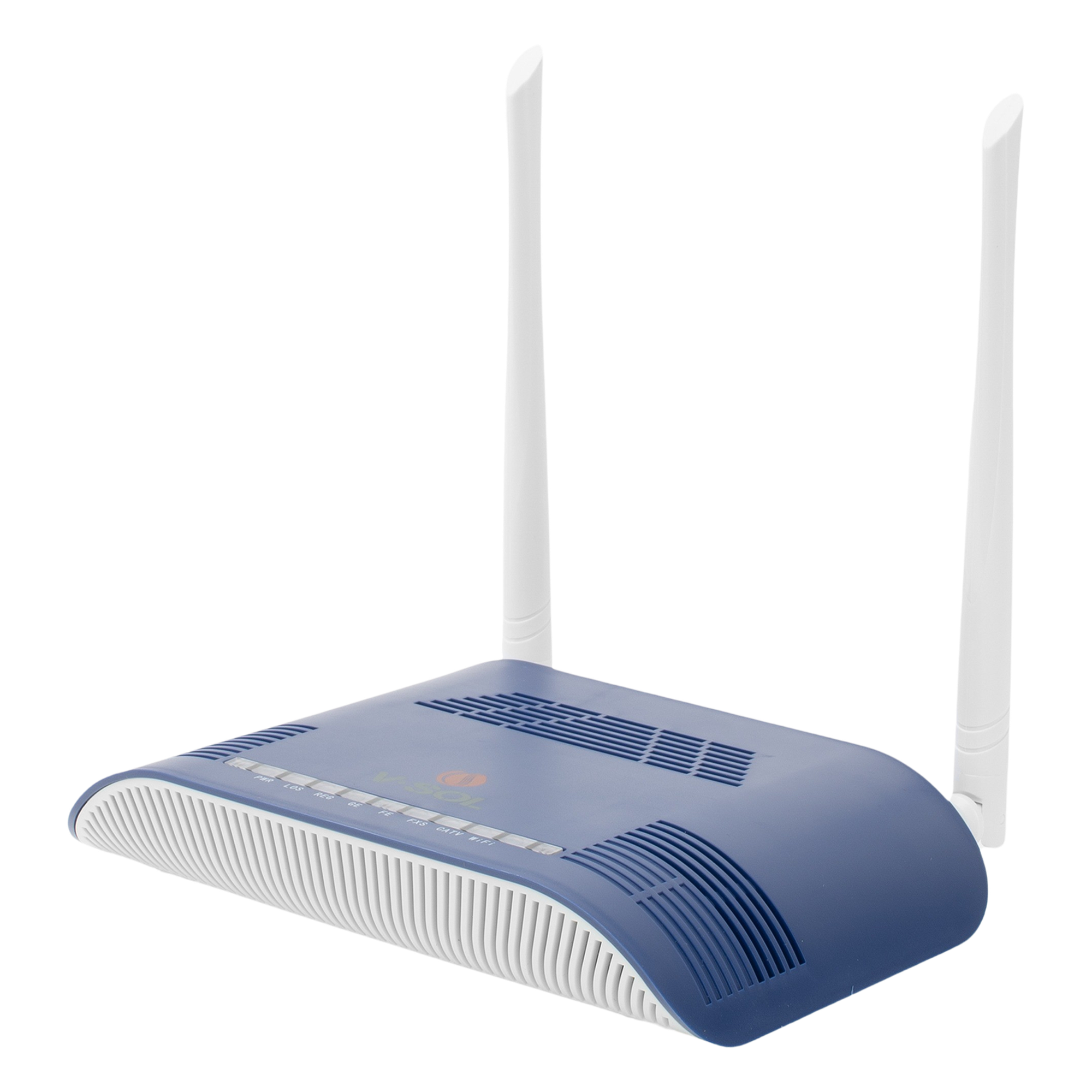 ONU Dual GPON/EPON / Wi-Fi 2.4 GHz 300 Mbps / 1 Puerto LAN Gigabit / 1 Puerto LAN Fast Ethernet / 1 Puerto FXS / 1 Puerto CATV / 2 Antenas 5 dBi — V-SOL · SKU HG323RG-WT