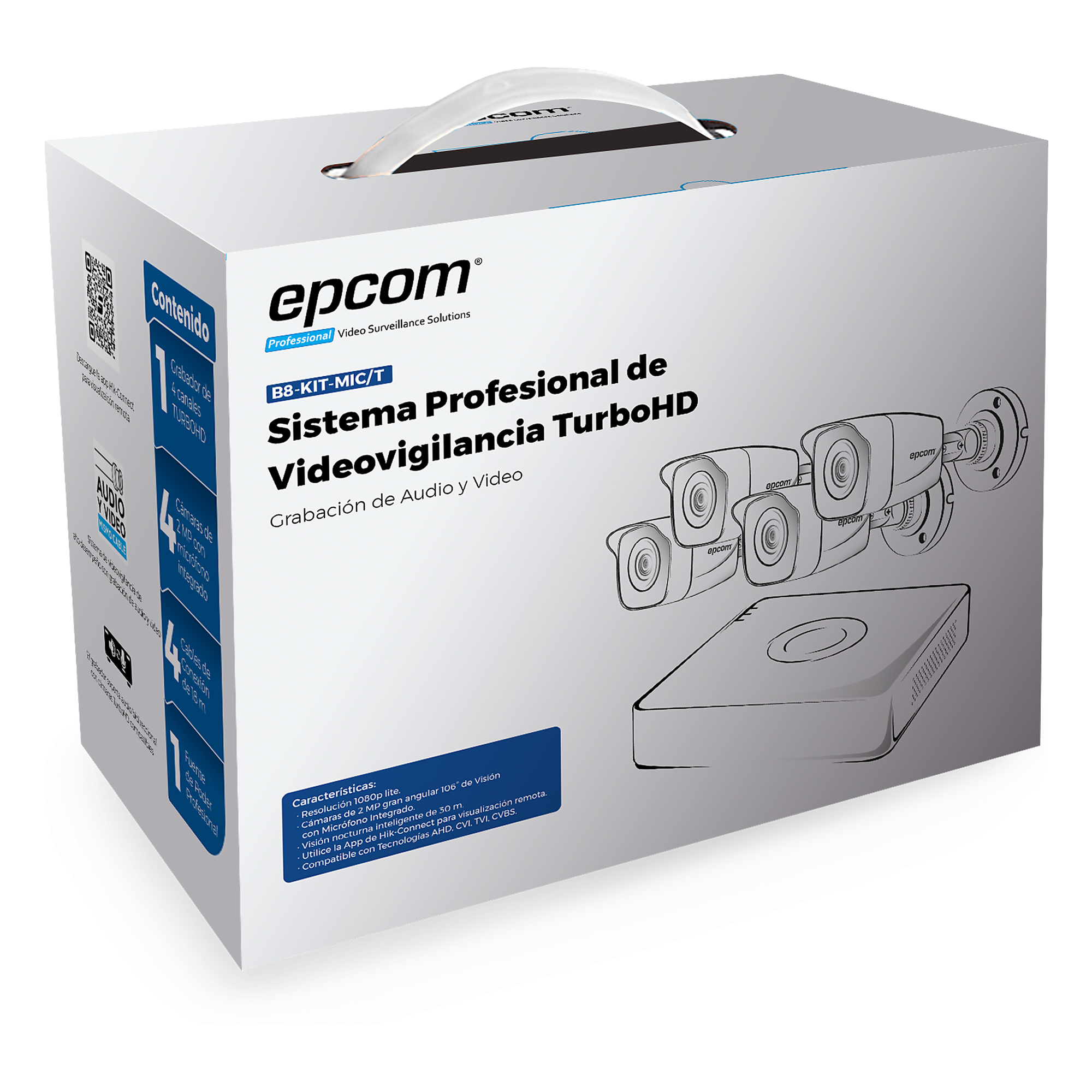 Kit TurboHD / DVR 4 Canales / 1080p Lite / 4 Cámaras Bala con Micrófono Integrado / IR 20 m (65.6 ft) / IP66 / Audio por Coaxitron — EPCOM PROFESSIONAL · SKU B8-KIT-MIC/T