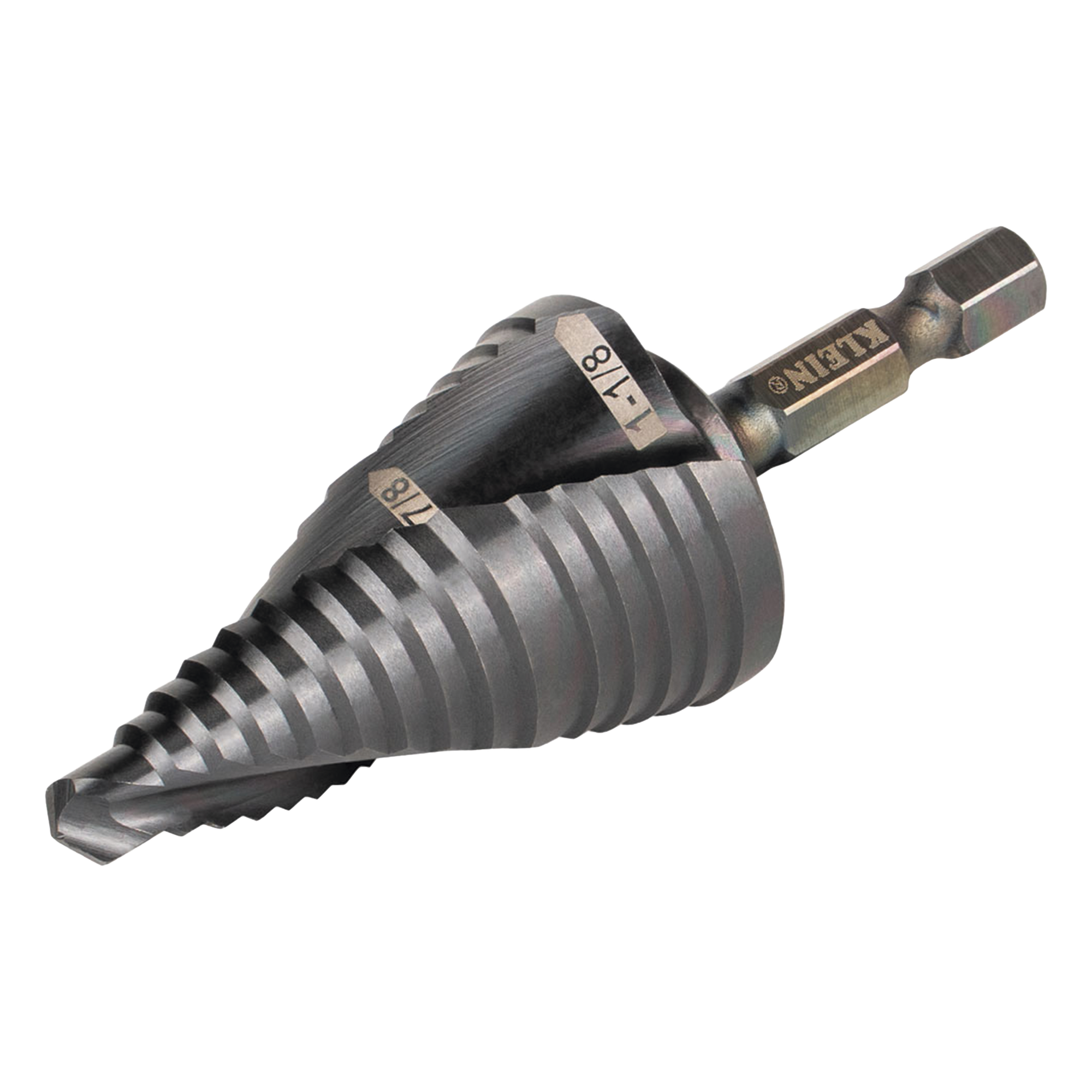 Broca Escalonada 12 en 1 / Revestimiento TiAlN / Perforación 2-3 cm / Doble Acanaladura Espiral / Vástago Hexagonal 1/4'' / Liberación Rápida — KLEIN TOOLS · SKU QRST11