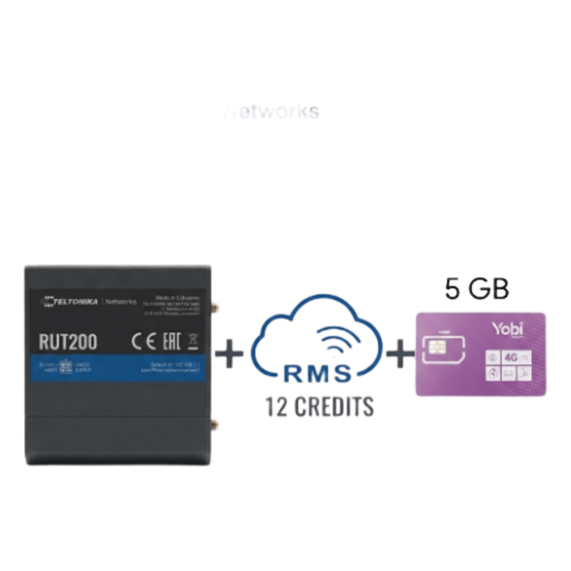 Router Industrial 4G LTE / Cat 4 150 Mbps / Wi-Fi 2.4 GHz / -40°C a 75°C / Gestión RMS / Kit con SIM 5GB/Mes Año — TELTONIKA · SKU RUT200+1YRMS+5GBYOBI