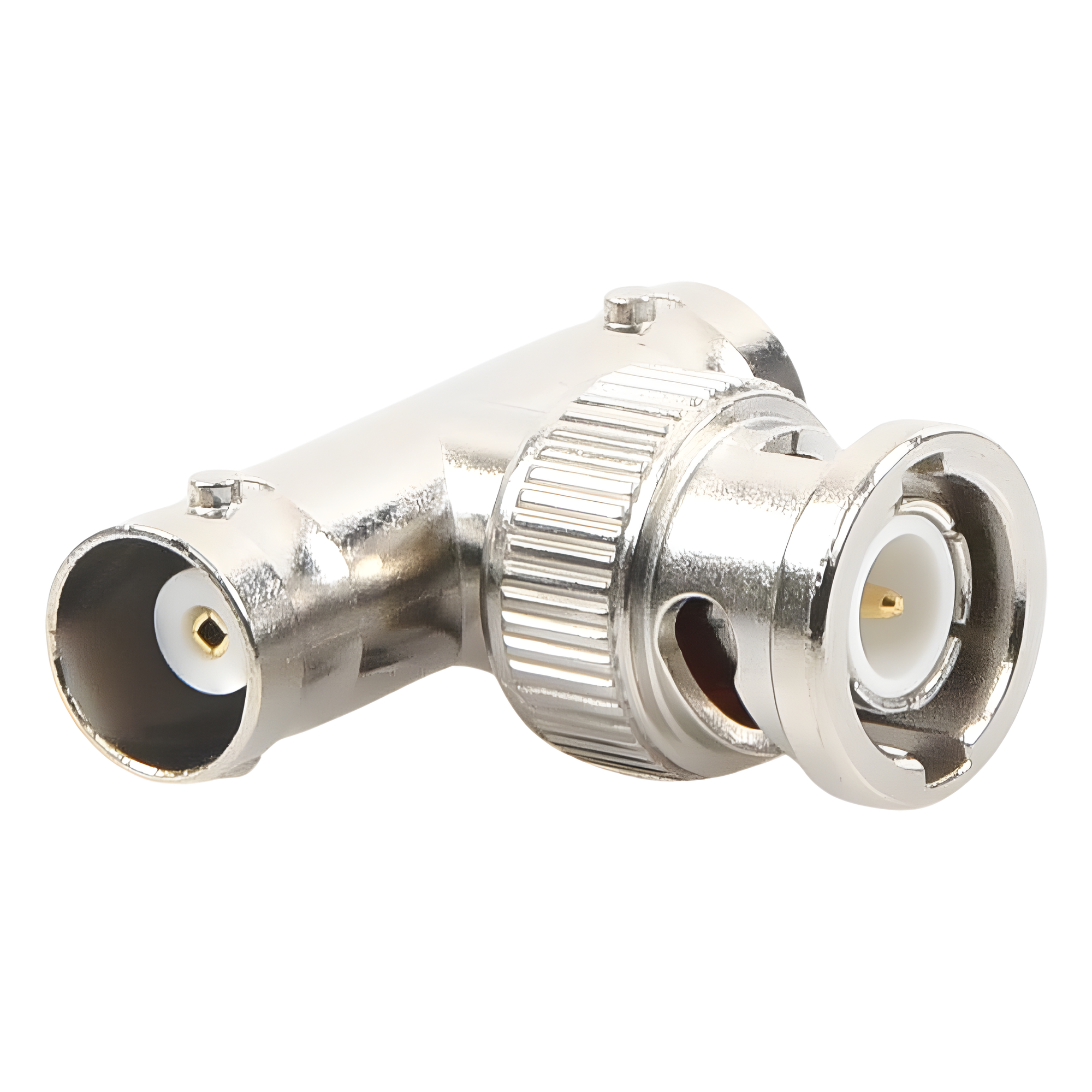 Adaptador RF en T / BNC Macho a Doble BNC Hembra / 50 Ohm / Cuerpo Troquelado Niquelado / Contacto Oro / Aislante Delrin