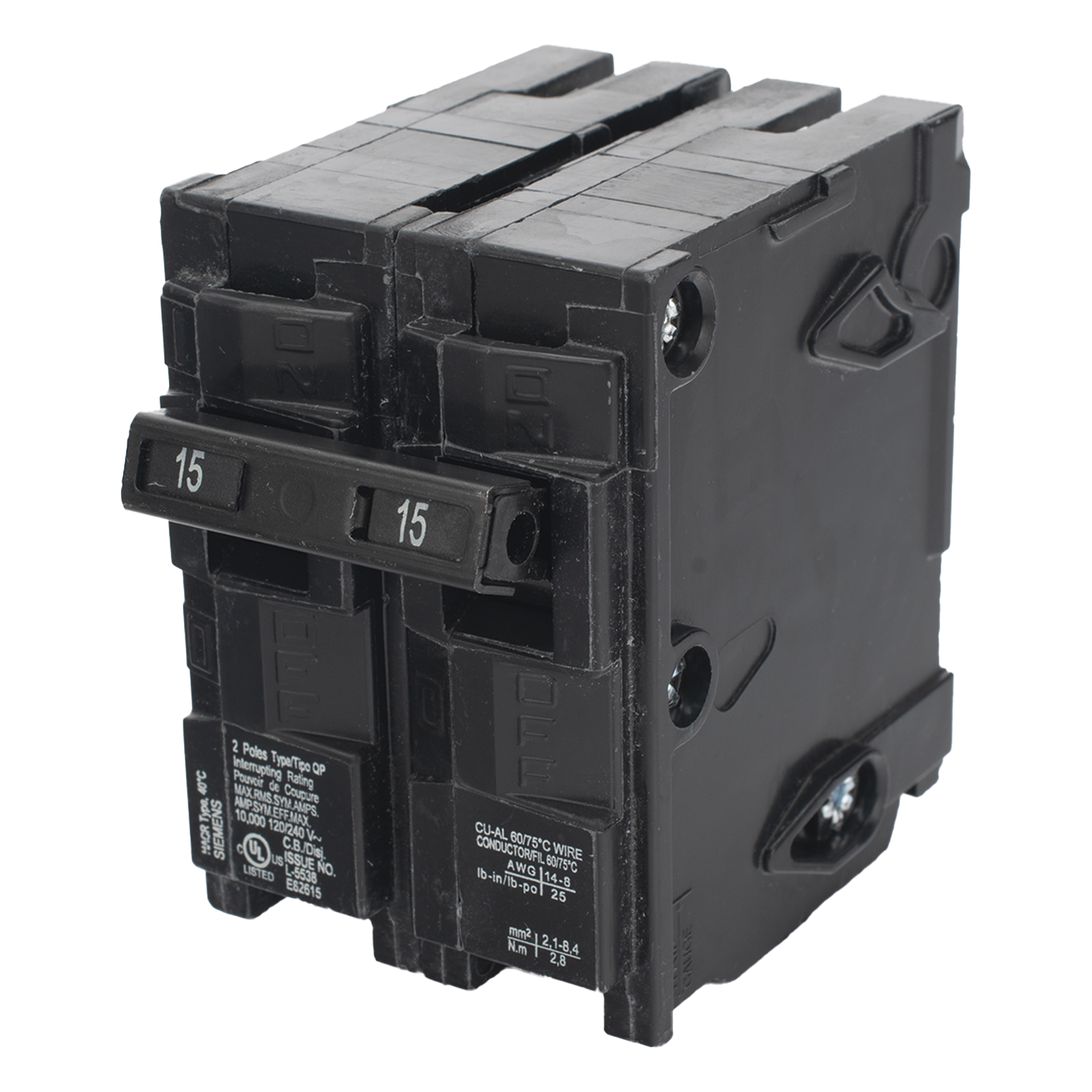 Interruptor Termomagnético Enchufable / 2 Polos / 15 A / 120/240 V AC / 10 kA / UL 489 — SIEMENS · SKU Q215