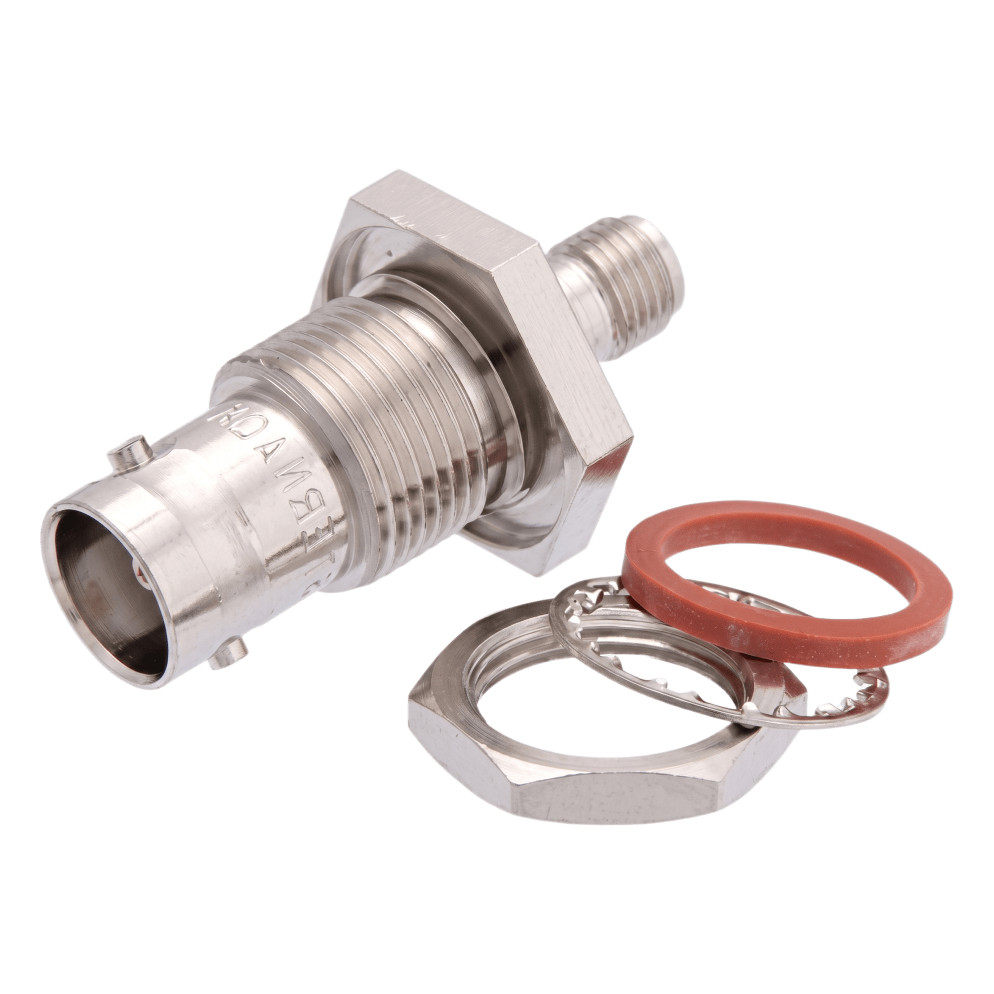 Adaptador Coaxial / BNC Hembra a SMA Hembra / 50 Ohm / Montaje en Panel (Bulkhead) — SYSCOM PARTS · SKU SPE-9185