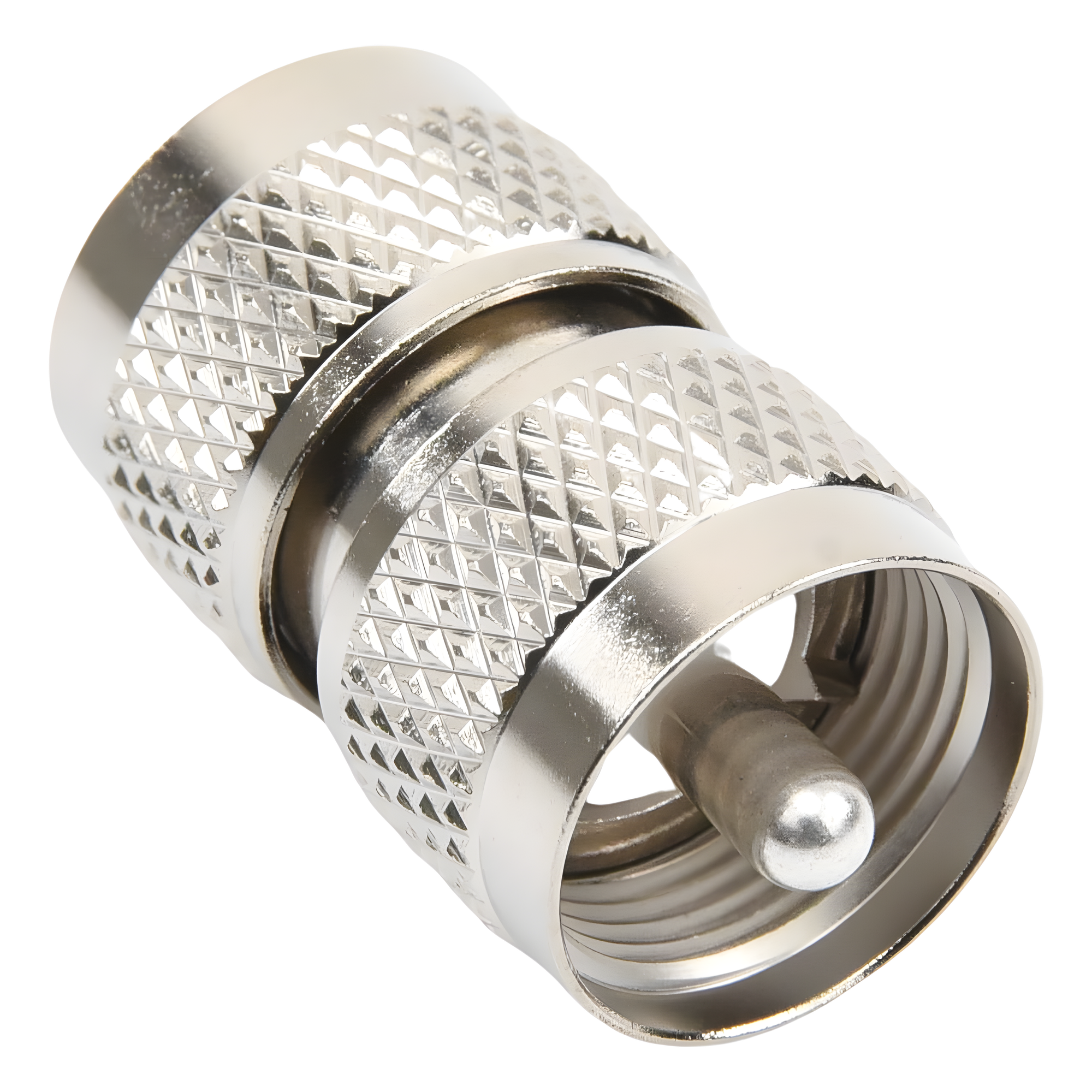 Adaptador RF Coaxial / UHF Macho a UHF Macho / Barril en Línea / Cuerpo Bronce Niquelado / Aislante Teflón