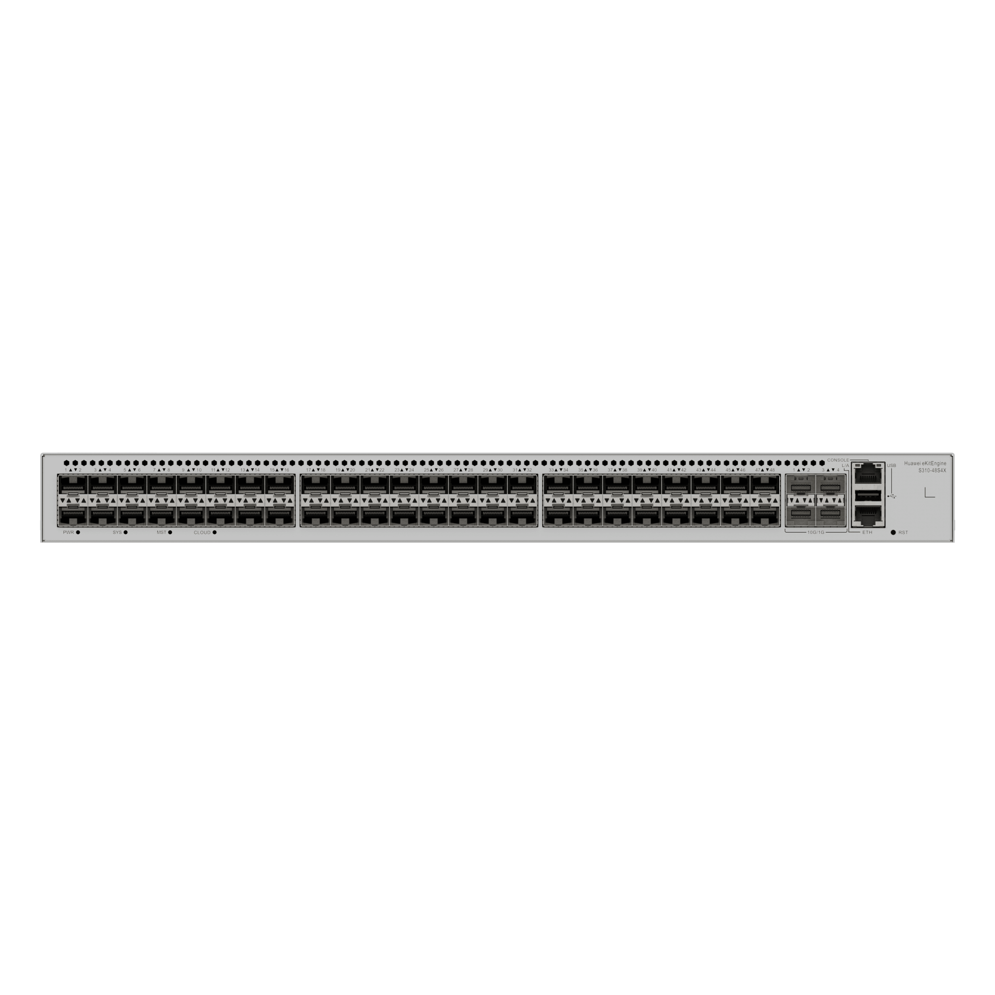 Switch Core/Distribución Capa 3 / 48 puertos SFP 1 Gbps + 4 puertos SFP+ 10 Gbps / iStack / 176 Gbps switching / Gestión cloud gratuita / Sin licencias — HUAWEI · SKU S310-48S4X