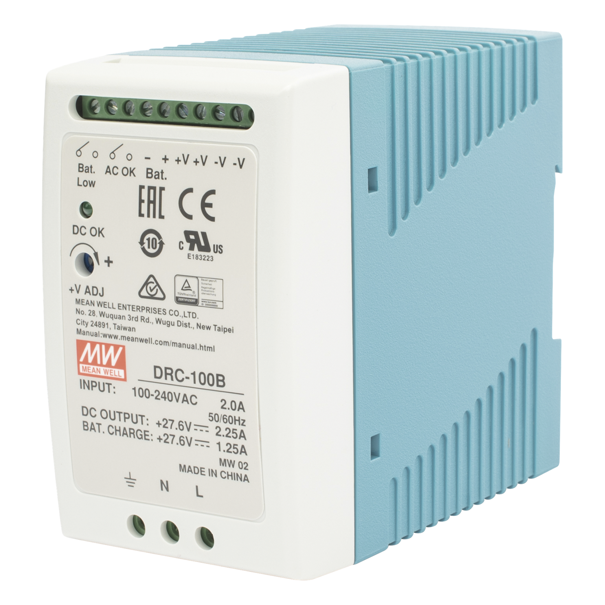 Fuente de poder con cargador de batería / Riel DIN / 24V / 100W / 2.25A / UL 508 / 2.16 x 3.54 x 3.94 pulgadas — MEANWELL · SKU DRC-100-B