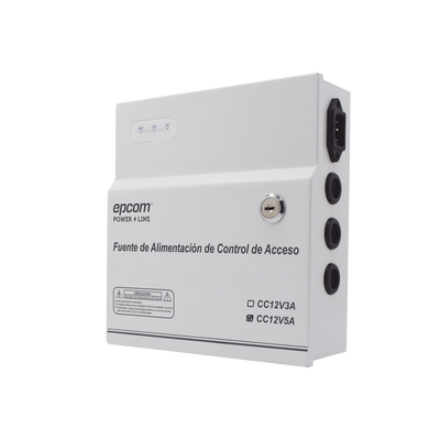 Fuente de Poder / 1 Salida 11-15 Vcc /  5 A / Temporizador Integrado / Con Capacidad de Batería de Respaldo / Requiere Batería / Aplicaciones en sistemas de control de Acceso 
