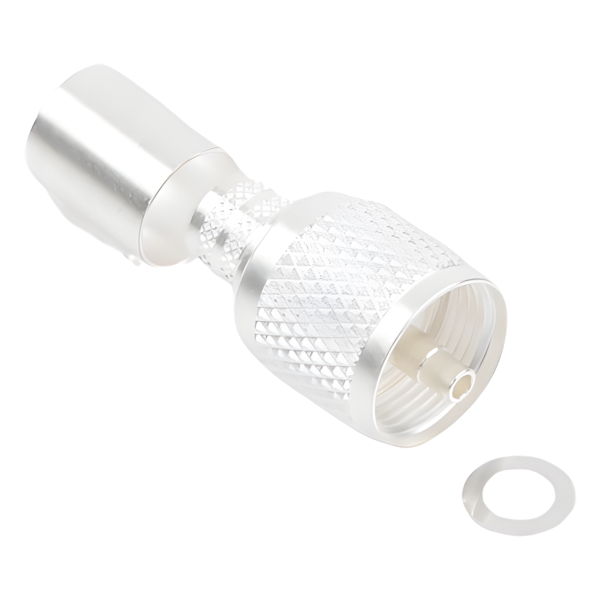 Conector UHF Macho / Anillo Plegable Largo / Cuerpo Bronce Plateado / Aislante Teflón / Cables RG-8/U, RG-214/U, Belden 8268